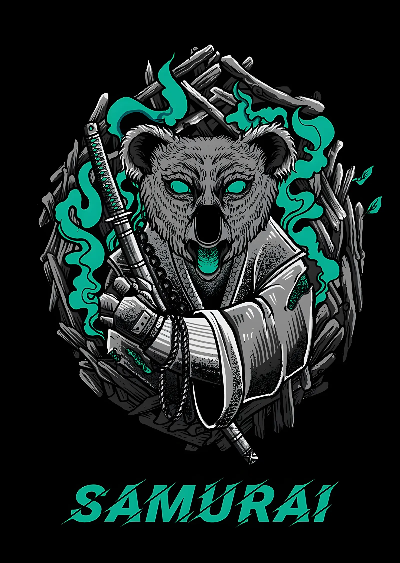 Siyah Zeminde Samuray Panda metal tablo