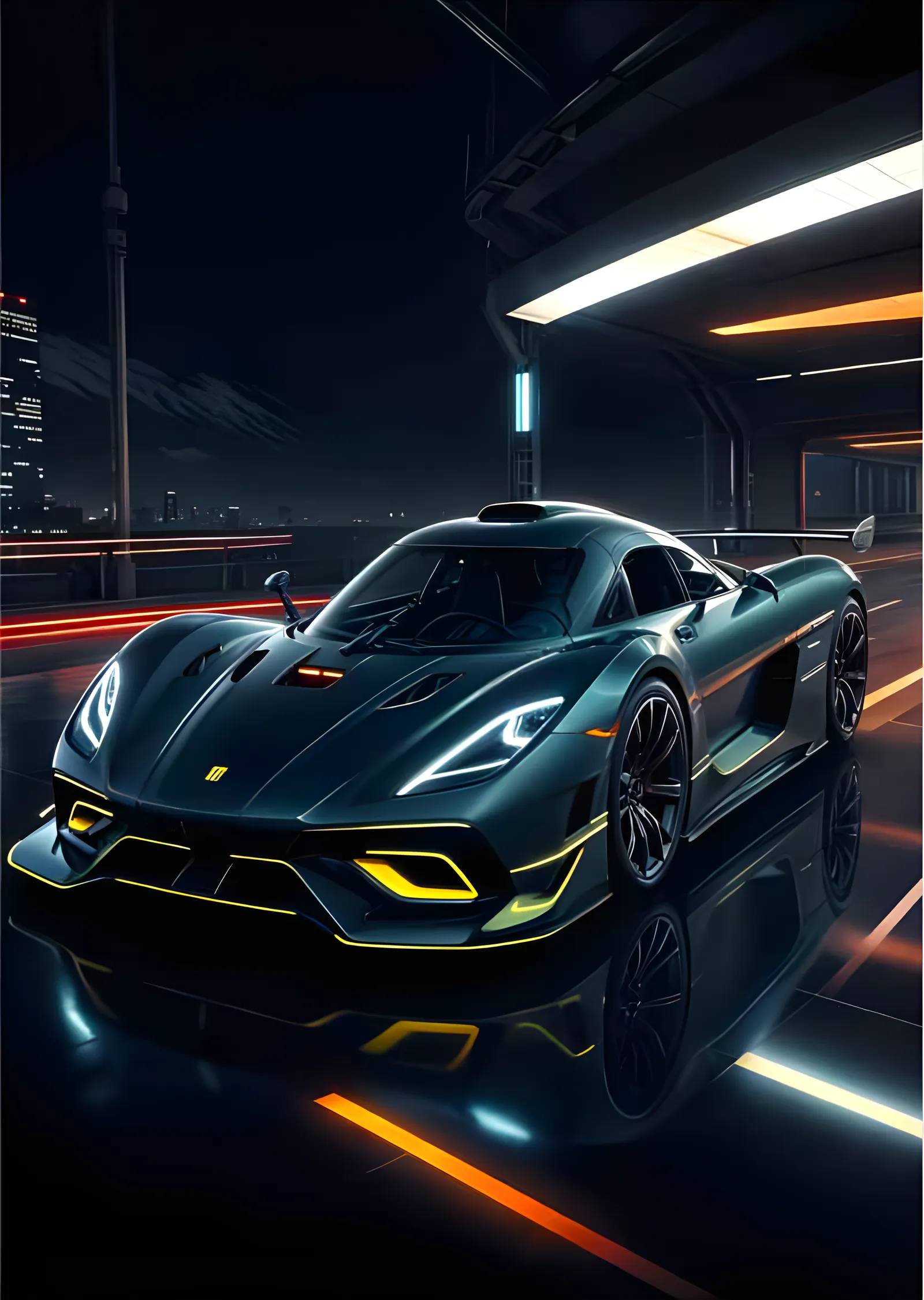 Koenigsegg - Neon Şeritli Gece Otobanı metal tablo