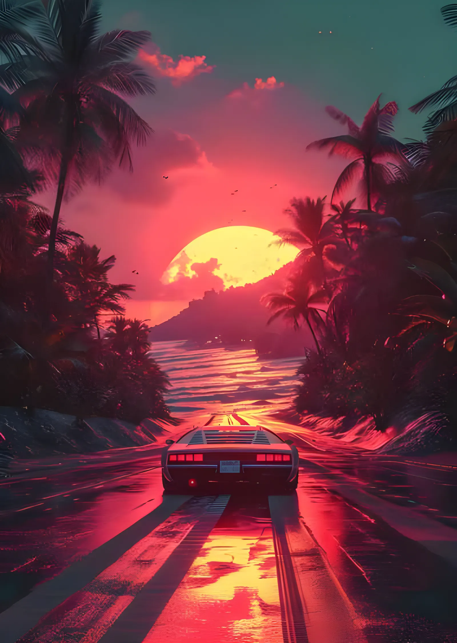 Palmiyeli Sahil Yolunda Retrowave Süper Otomobil metal tablo
