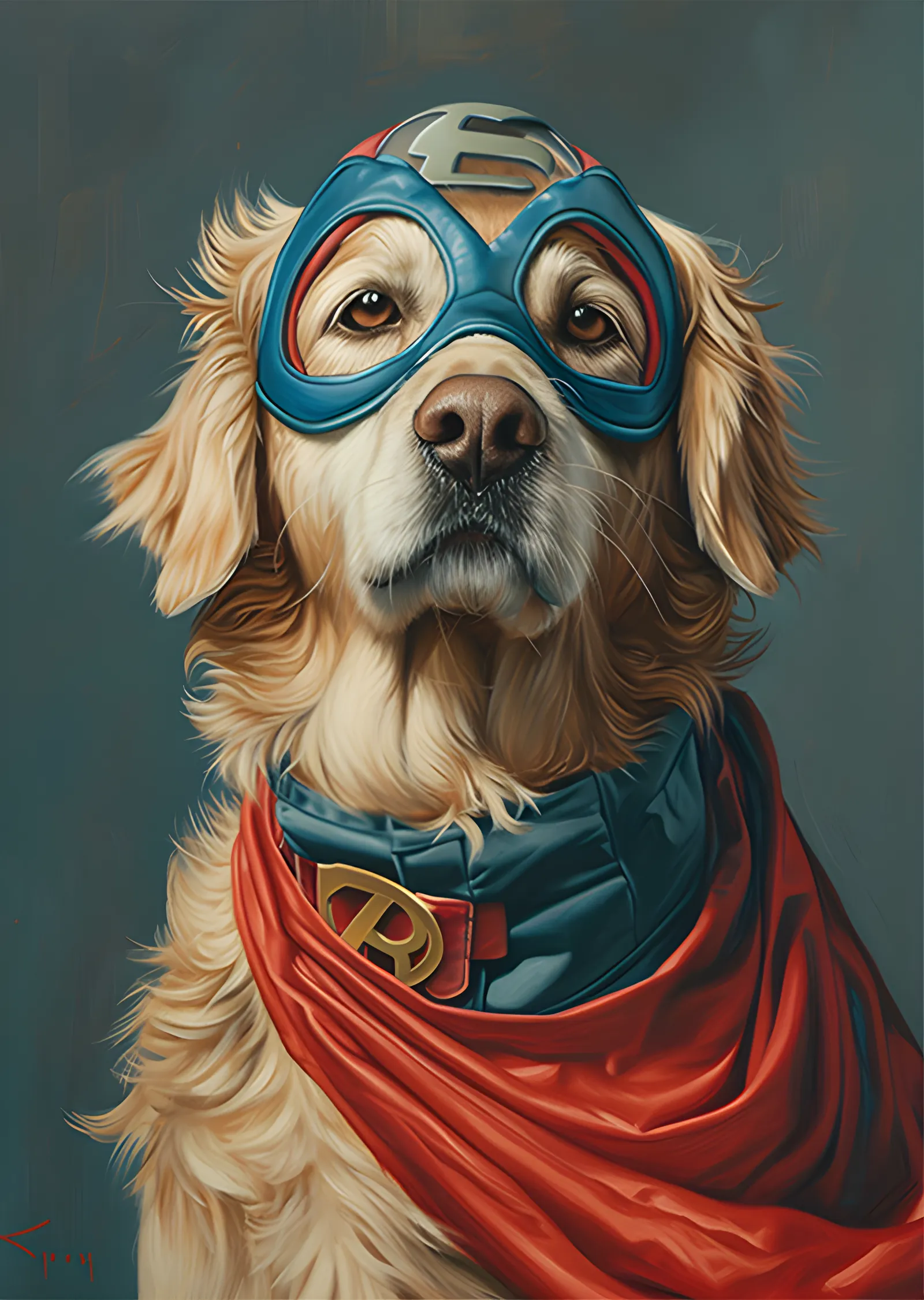 Süper Kahraman Golden Retriever - Mavi Maske metal tablo