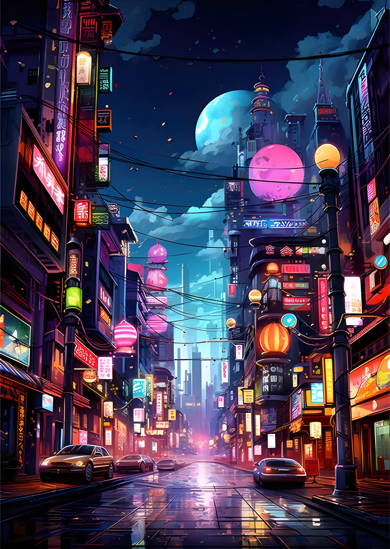 Çift Aylı Cyberpunk Sokak: Pembe ve Mavi Ay metal tablo