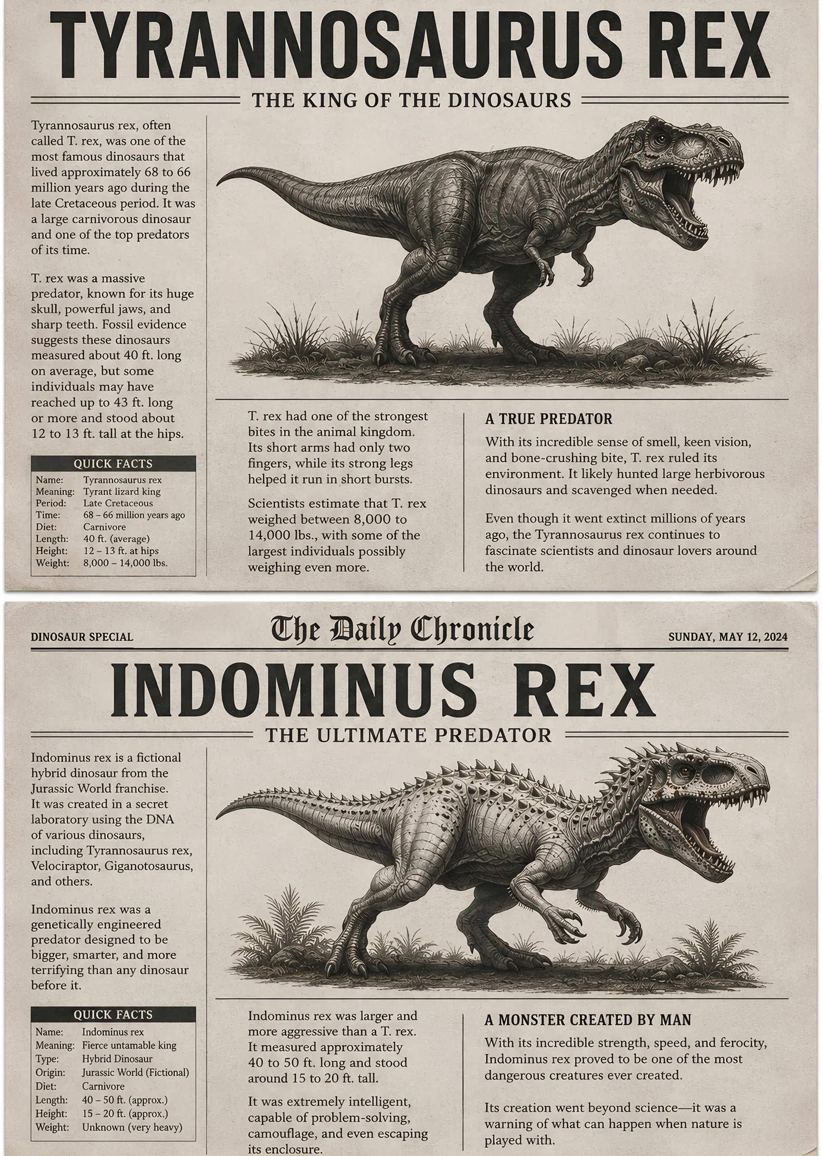 T-Rex ve Indominus Rex - Gazete Sayfası metal tablo