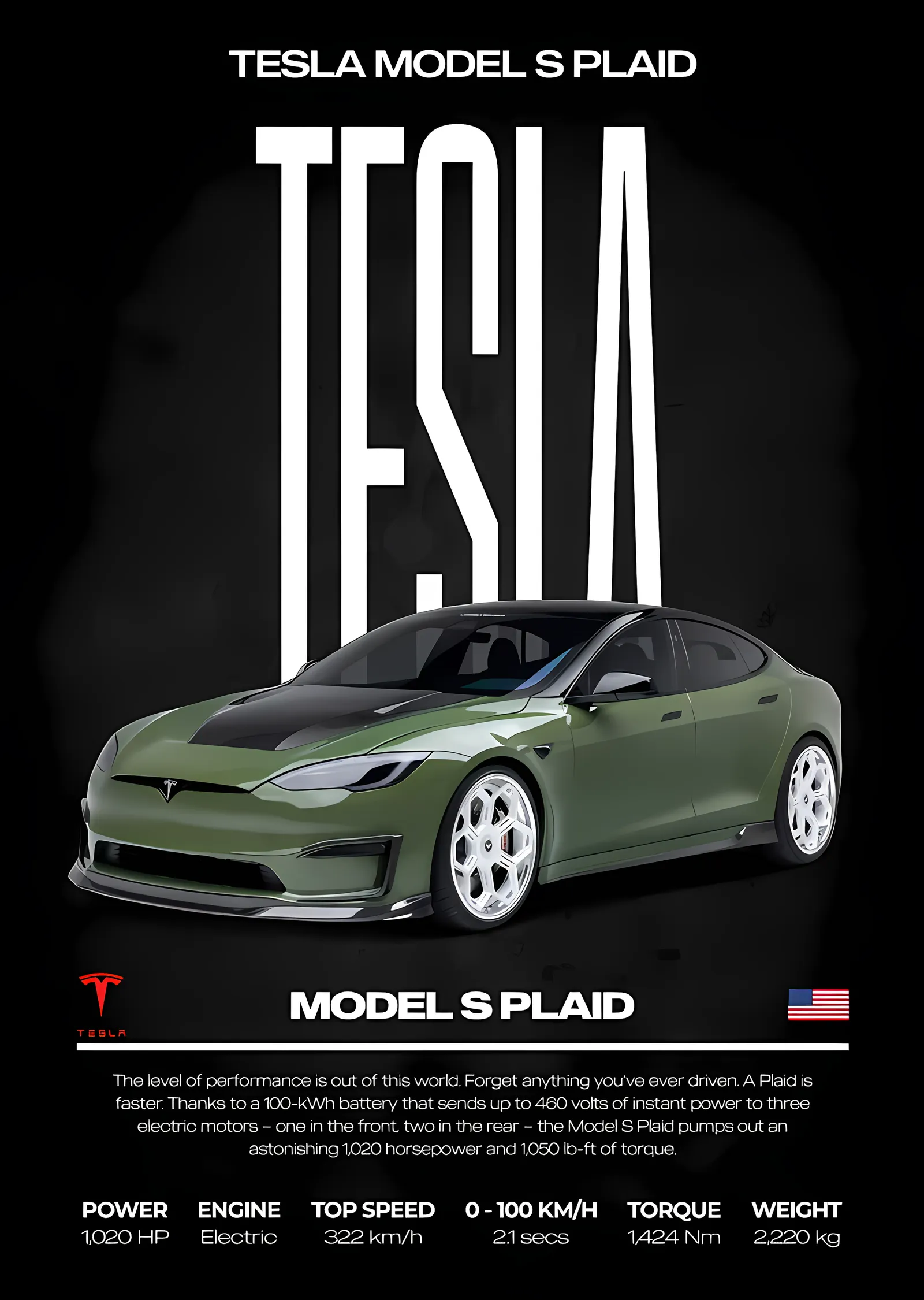 Tesla Model S Plaid: Teknik Künye metal tablo