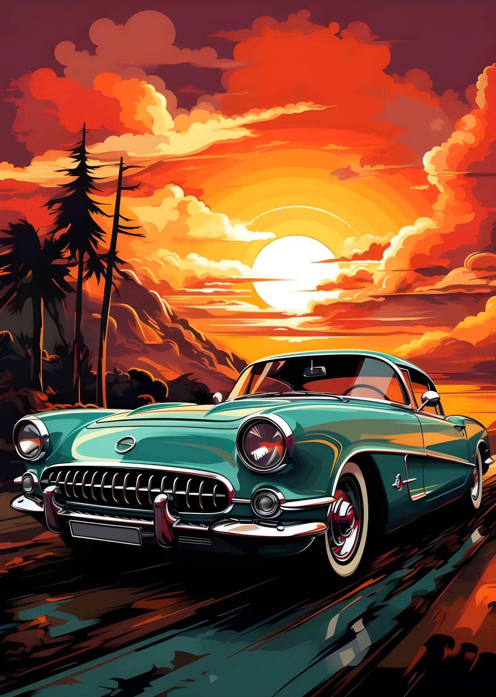 Cadillac - Gün Batımında Turkuaz Klasik metal tablo