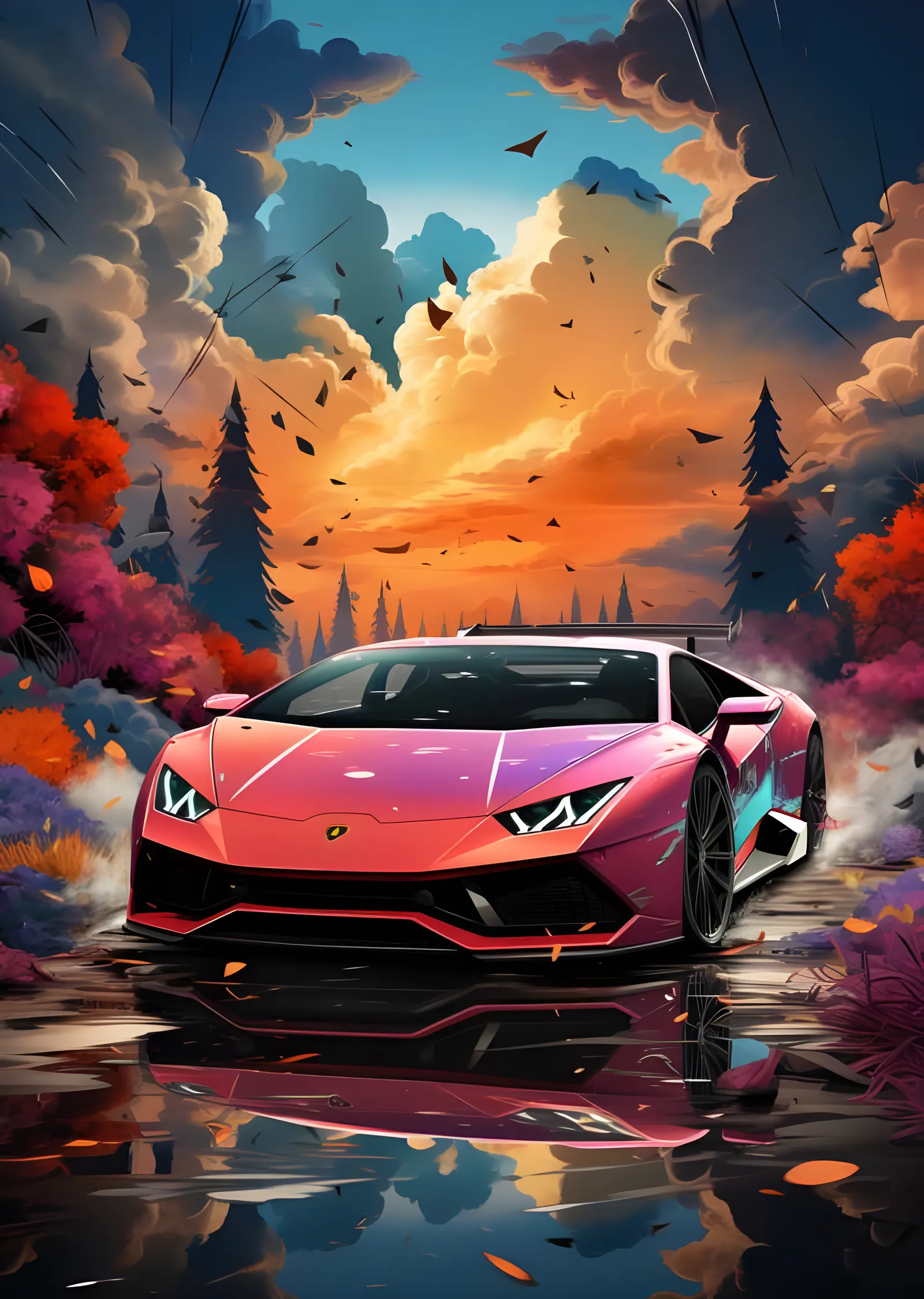 Pembe Lamborghini - Sonbahar Ormanında Sürüş metal tablo