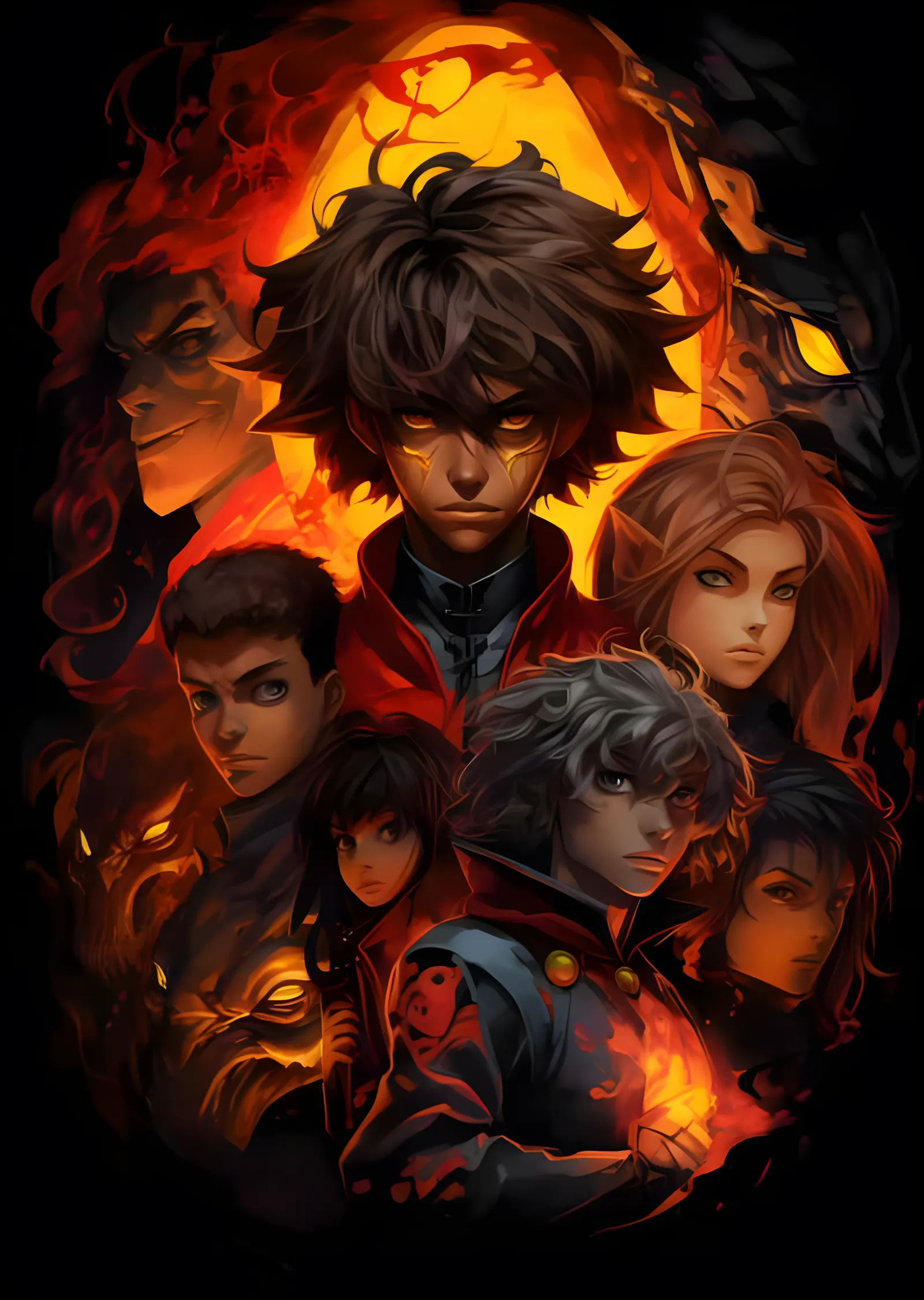 Alev Halesi Altında Anime Kahramanlar Kolajı metal tablo