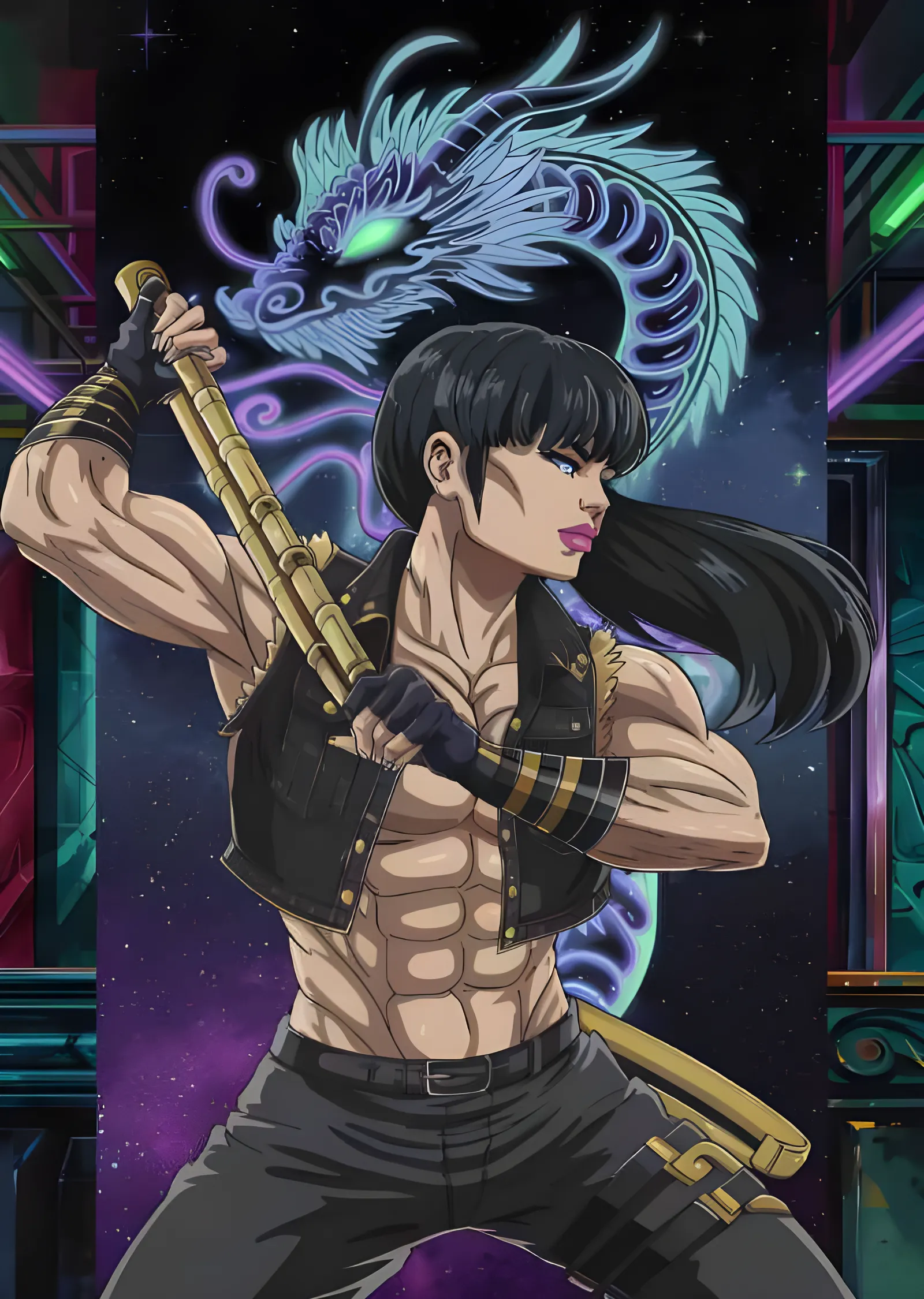 Neon Ejderha ve Nunçaku - Anime Dövüşçü Kadın metal tablo
