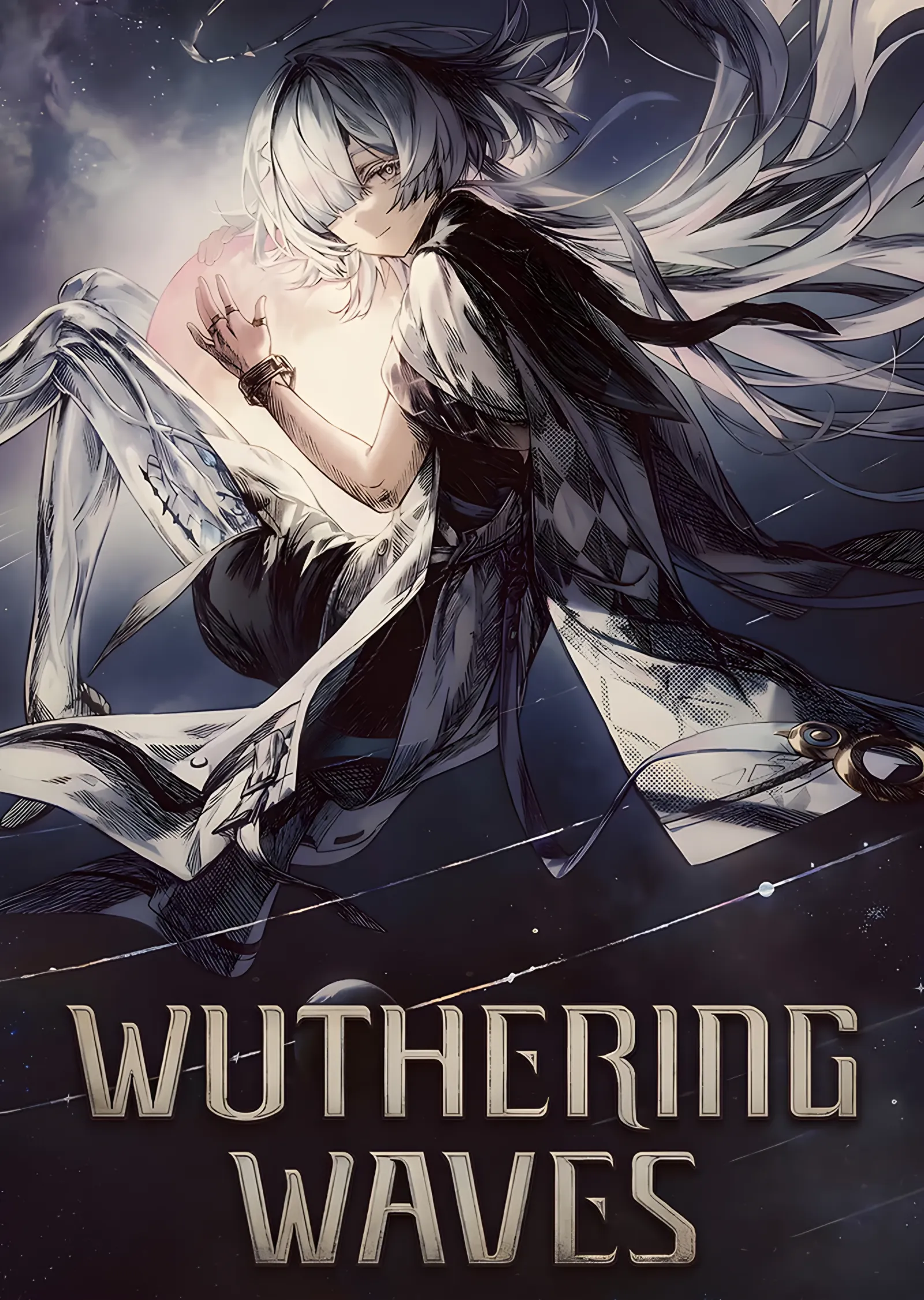 Wuthering Waves: Kara Kanatlı Beyaz Saçlı Figür metal tablo