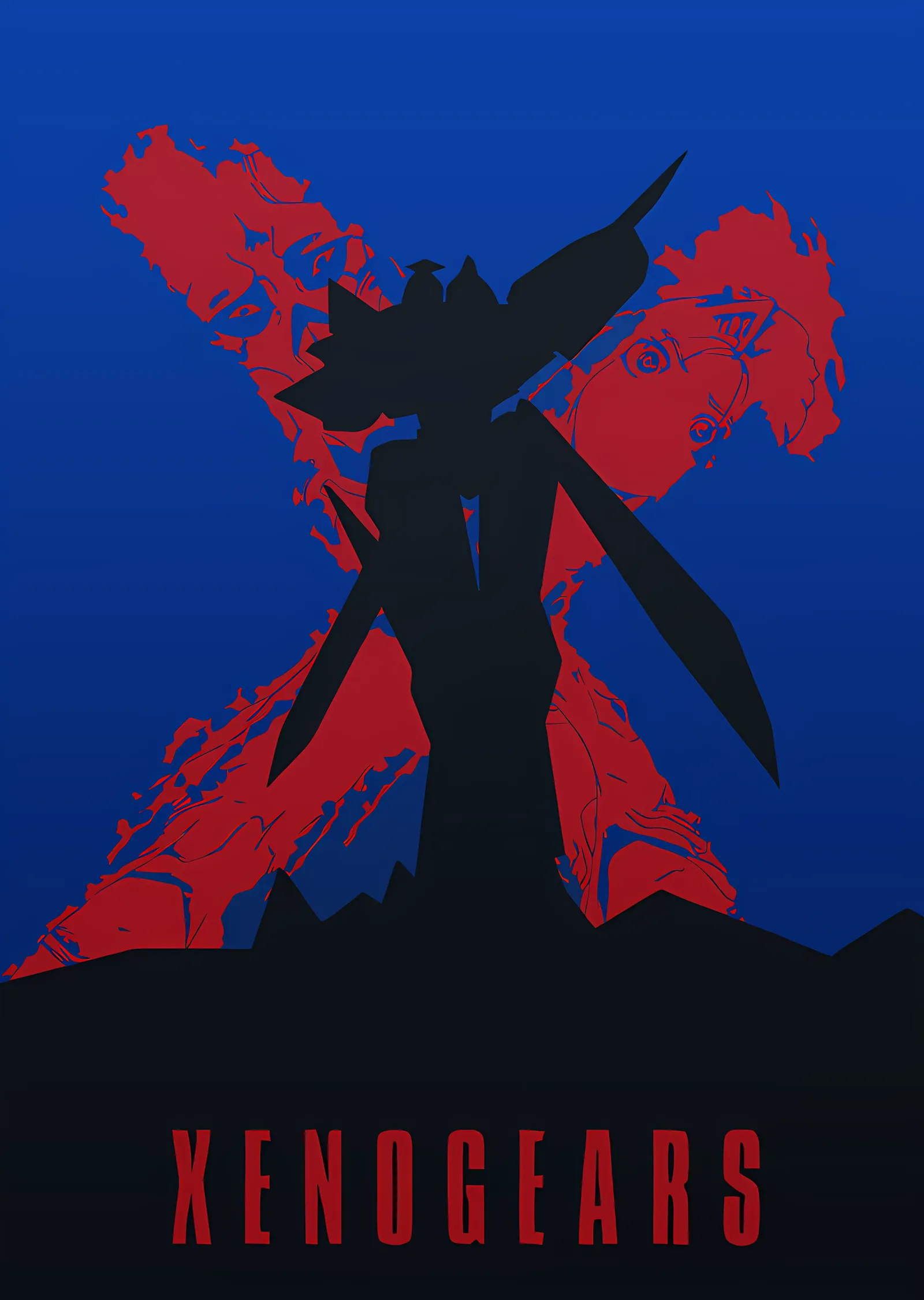 Xenogears: Mavi Zeminde Kızıl Mecha Silüeti metal tablo