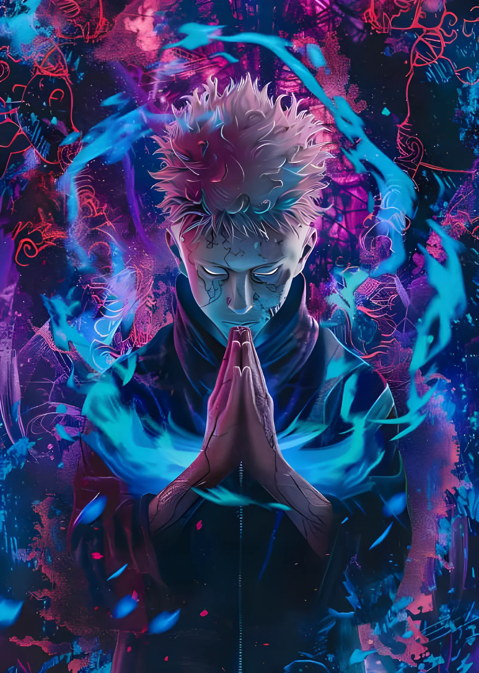Yuji Itadori - Neon Mavi Alevde Dua metal tablo
