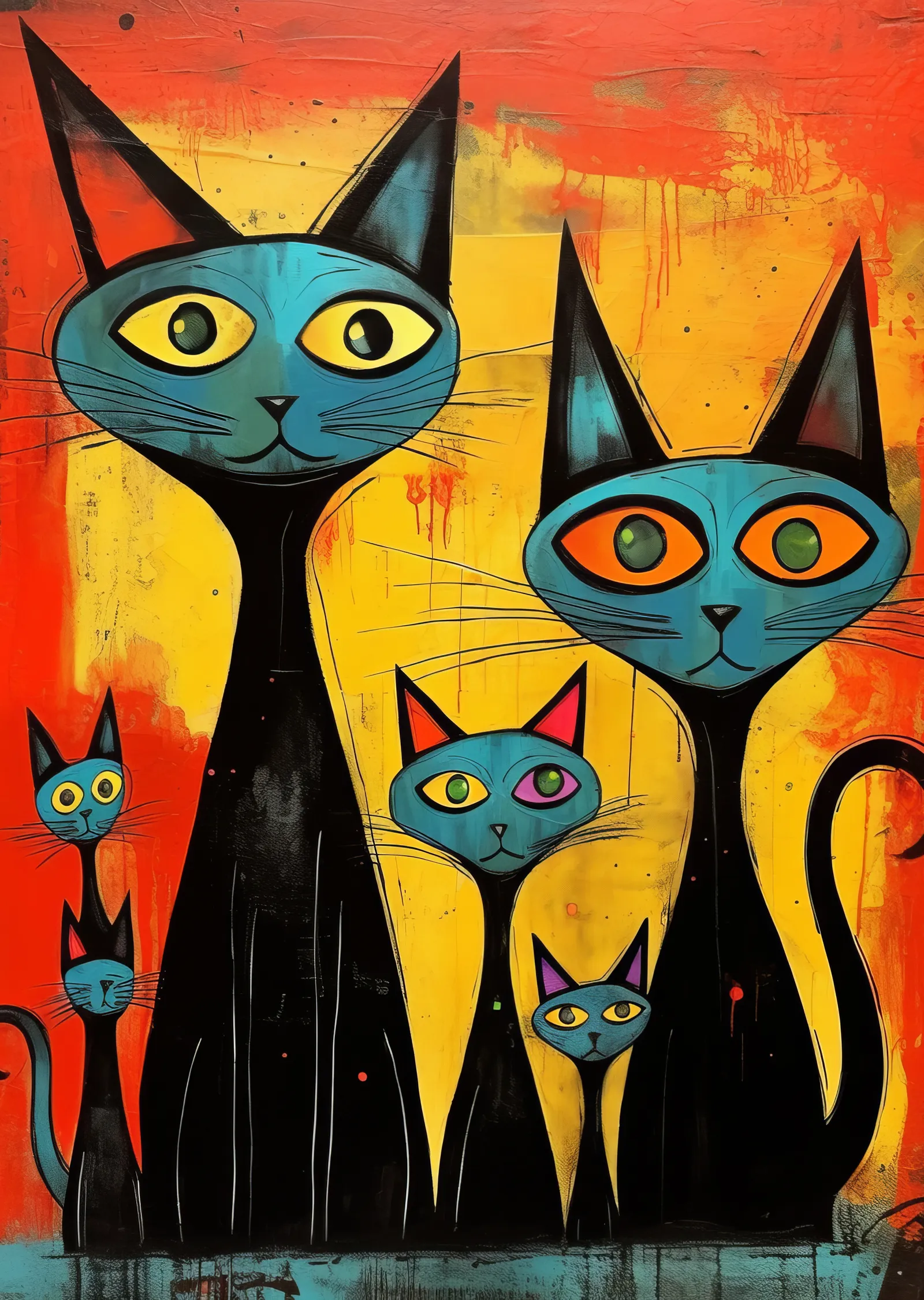Soyut Kedi Ailesi metal tablo