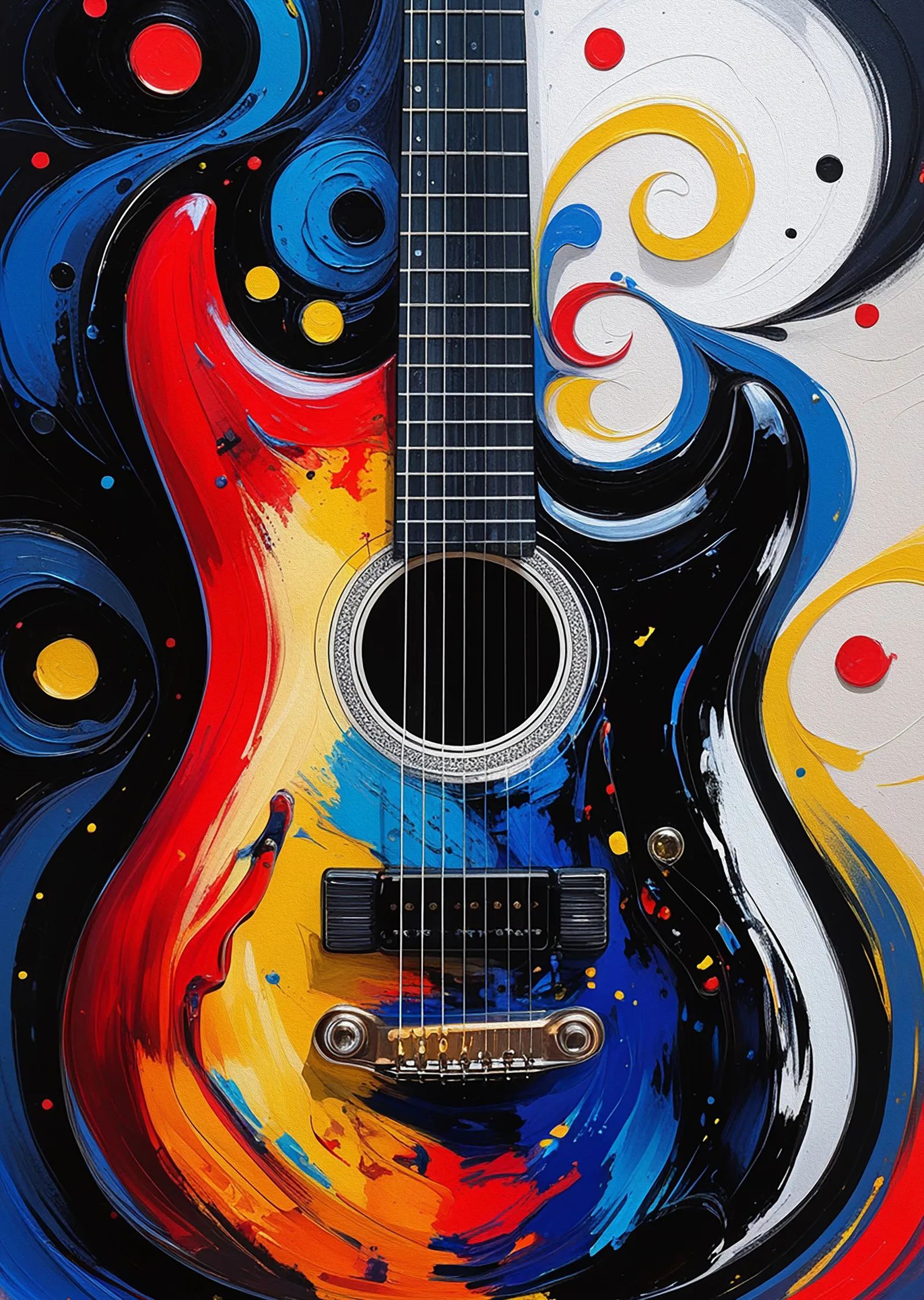 Kırmızı, Mavi, Sarı ve Siyah Akışkan Dalgalarla Gitar metal tablo