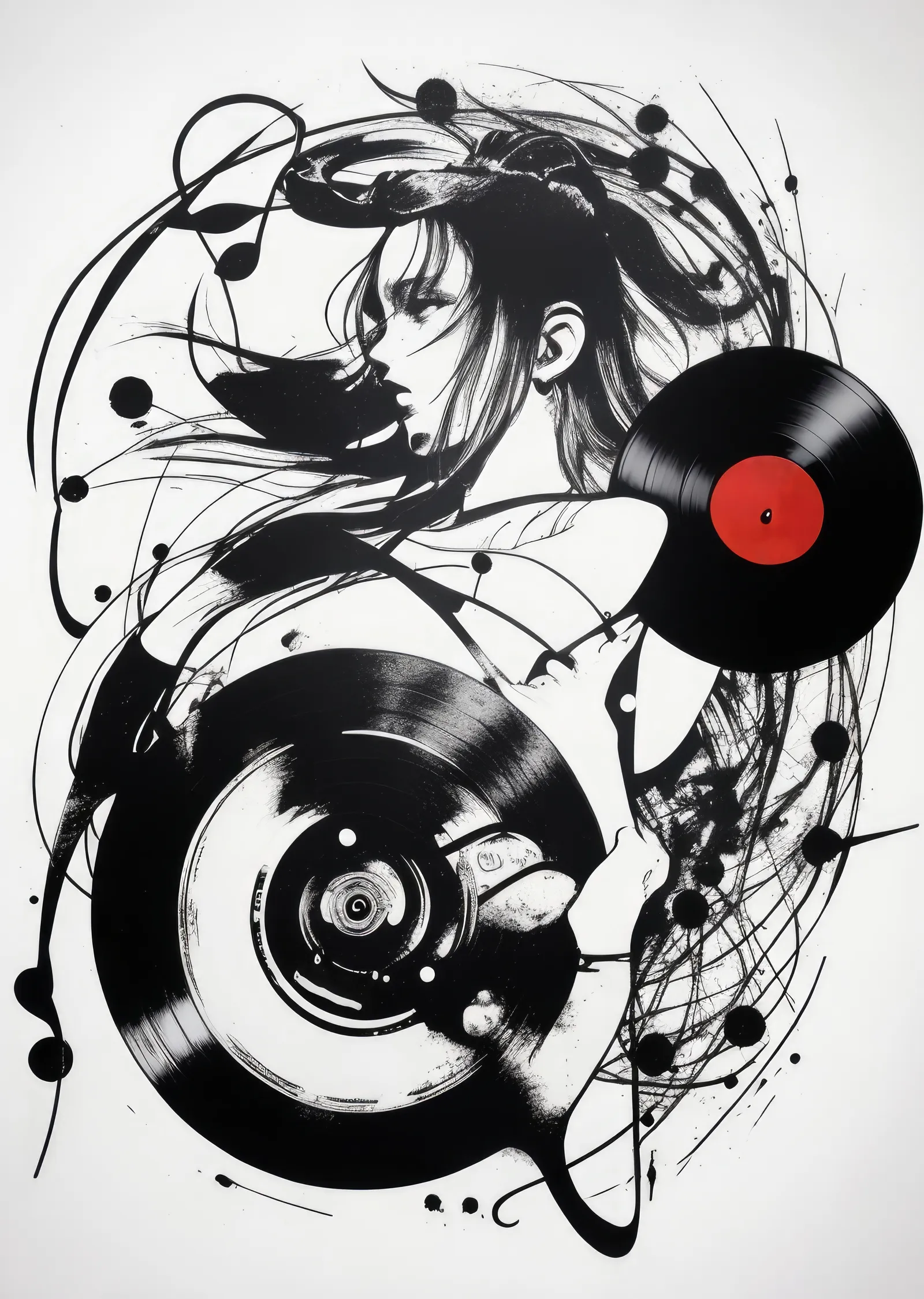 Siyah-Beyaz Vinil Kayıtlı Anime Kız metal tablo