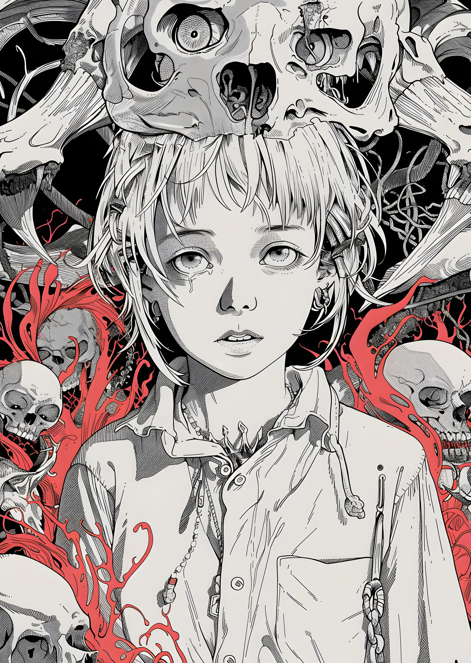 Kurukafalı Gotik Anime Portresi metal tablo
