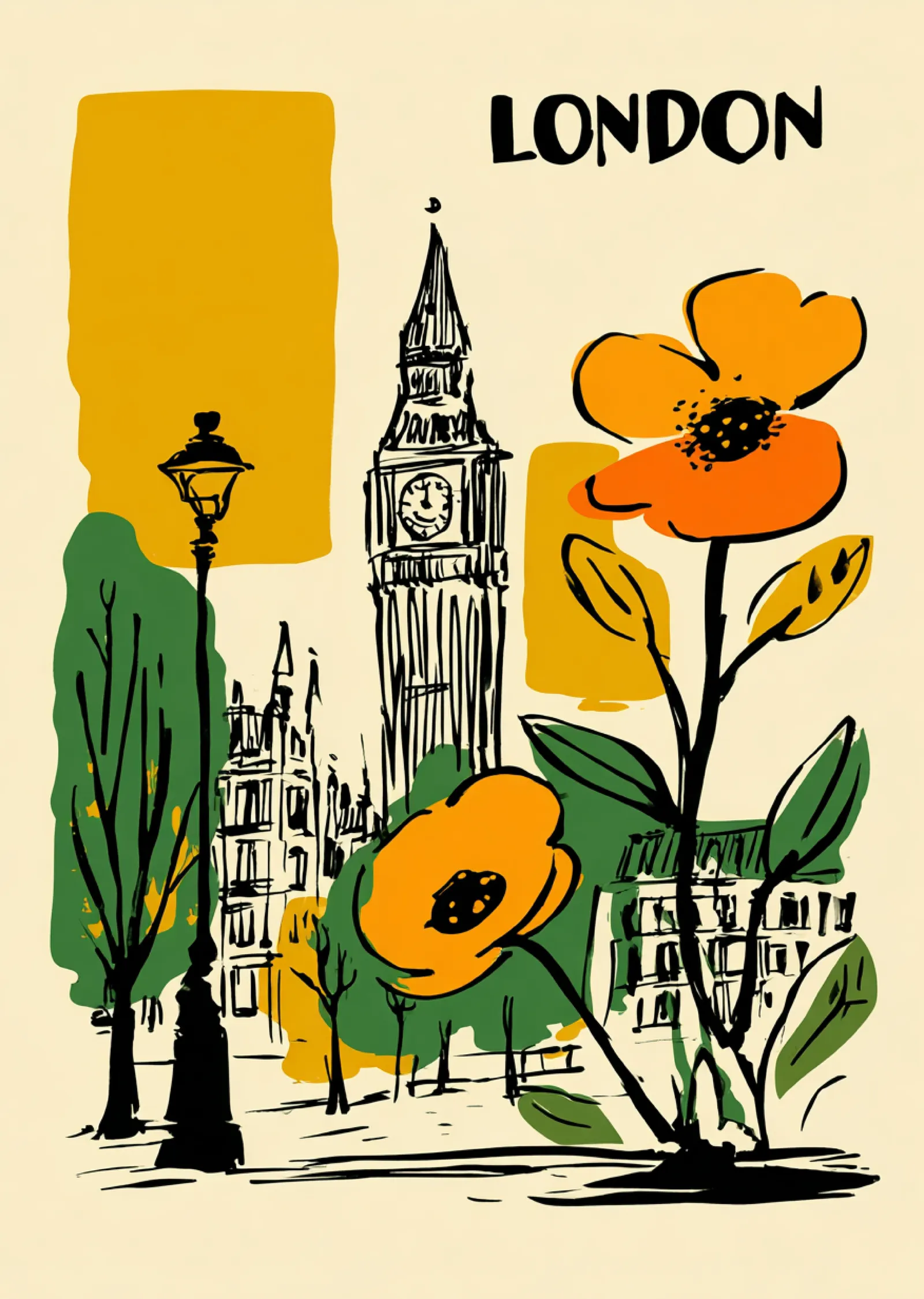 London - Turuncu Çiçekler ve Big Ben metal tablo