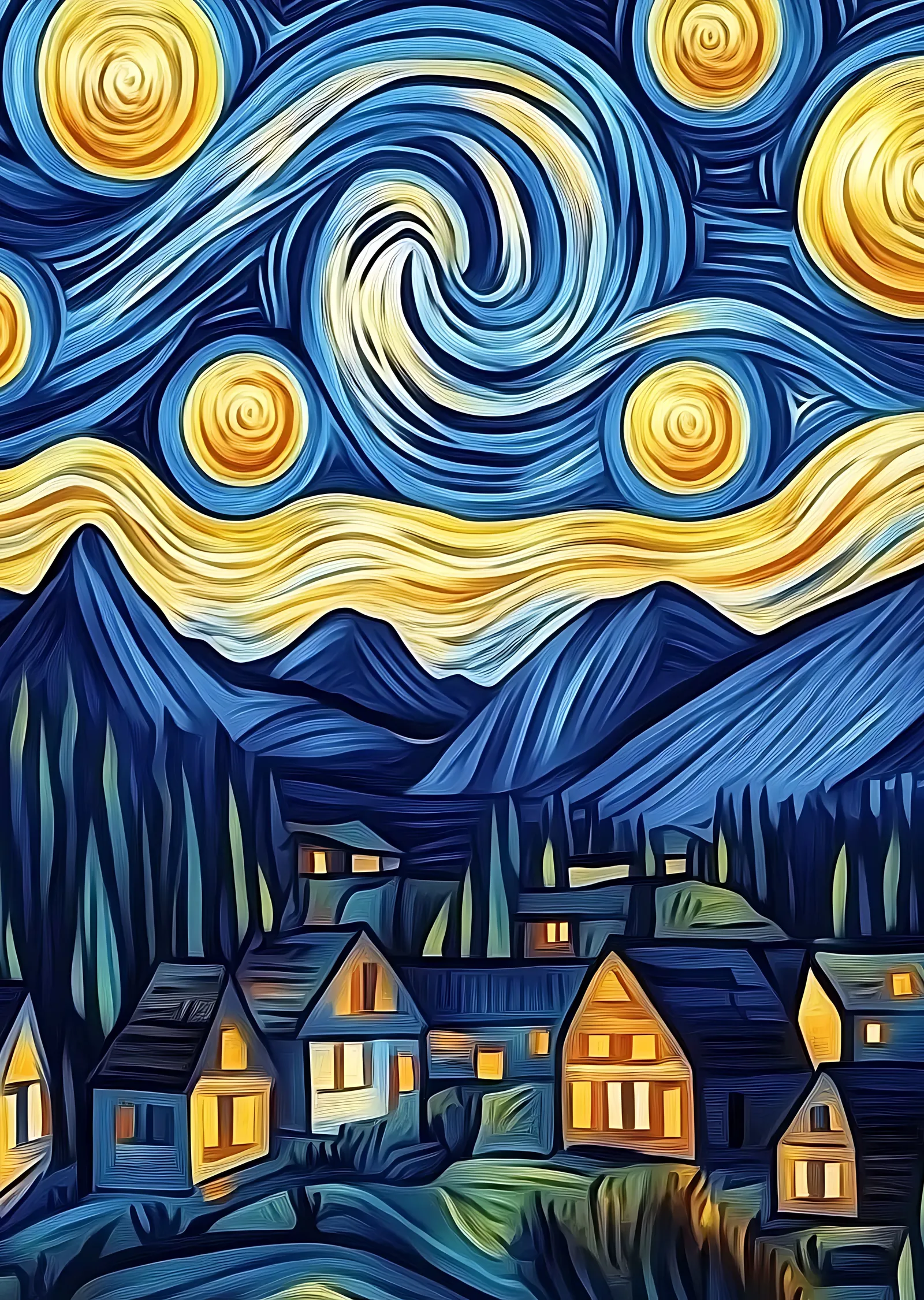 Vincent van Gogh: Yıldızlı Gece - Dağlık Köy Manzarası metal tablo