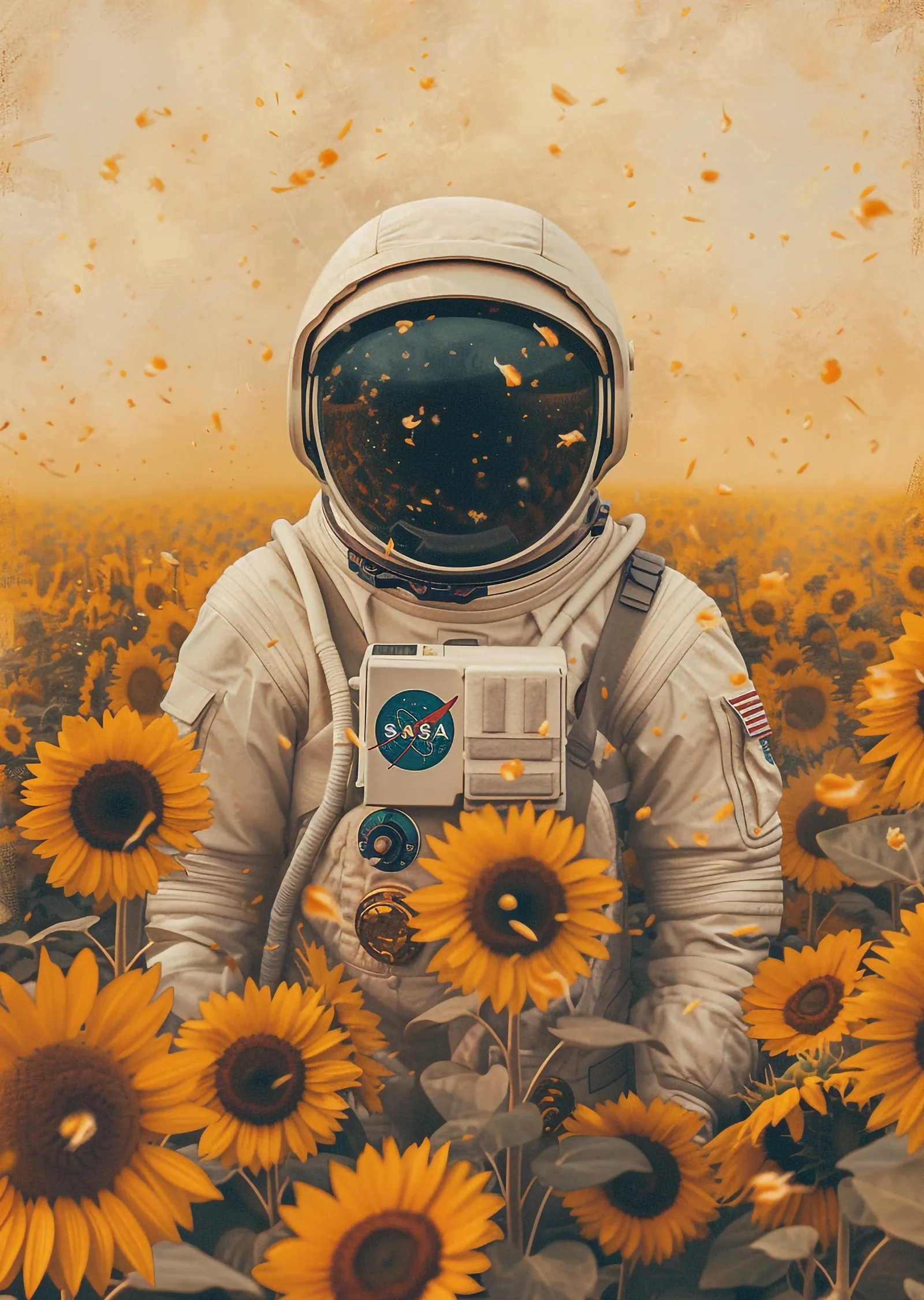 Uzayda Çiçekler: Astronot ve Güneş Çiçekleri metal tablo