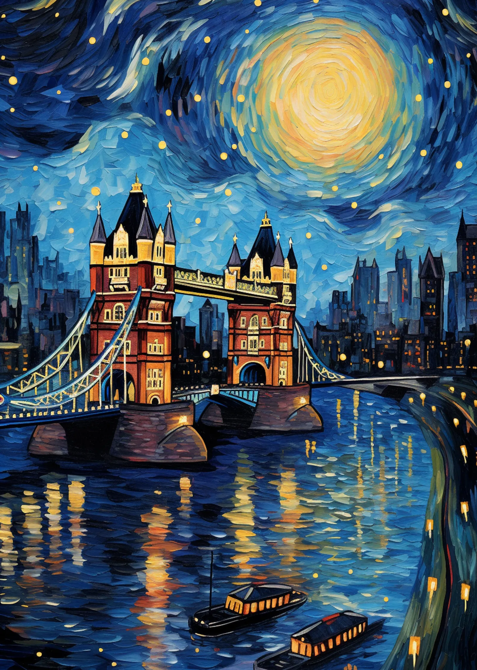 Lacivert ve Sarı Işıklarla Tower Bridge - Yıldızlı Gece metal tablo