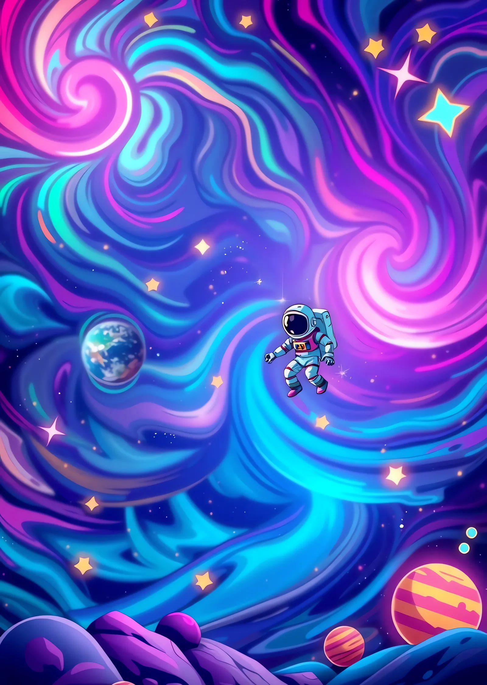 Uzayda Astronot: Renkli Galaksi Manzarası metal tablo