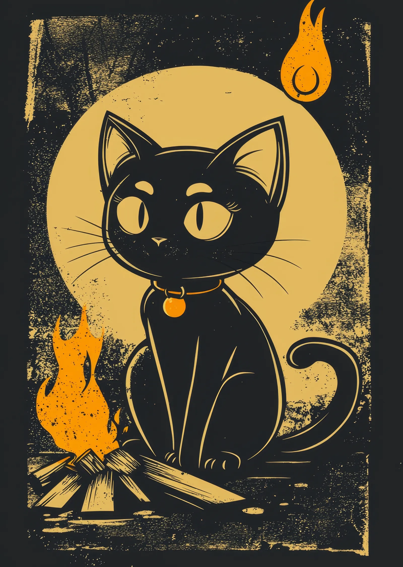 Kedi ve Ateş: Gizemli Gece metal tablo