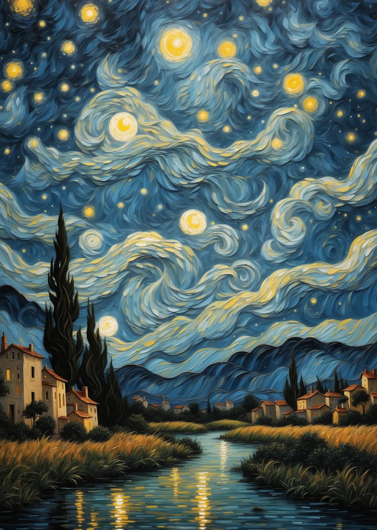 Van Gogh'un Yıldızlı Gece: Mavi ve Sarı Akışkan Dalgalar metal tablo