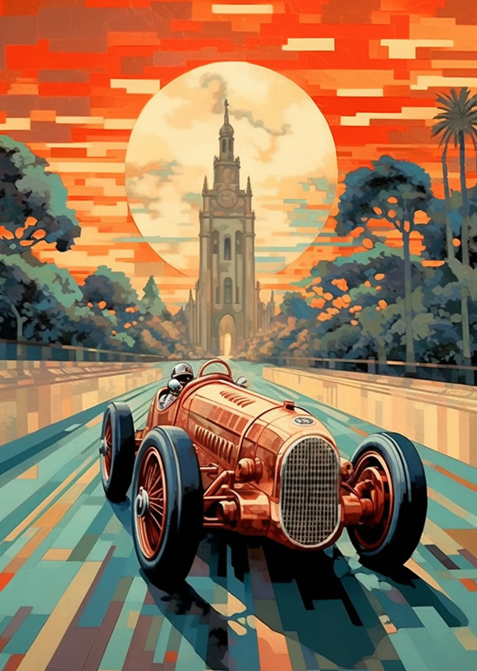 Turuncu Gökyüzünde Vintage Yarış Arabası metal tablo