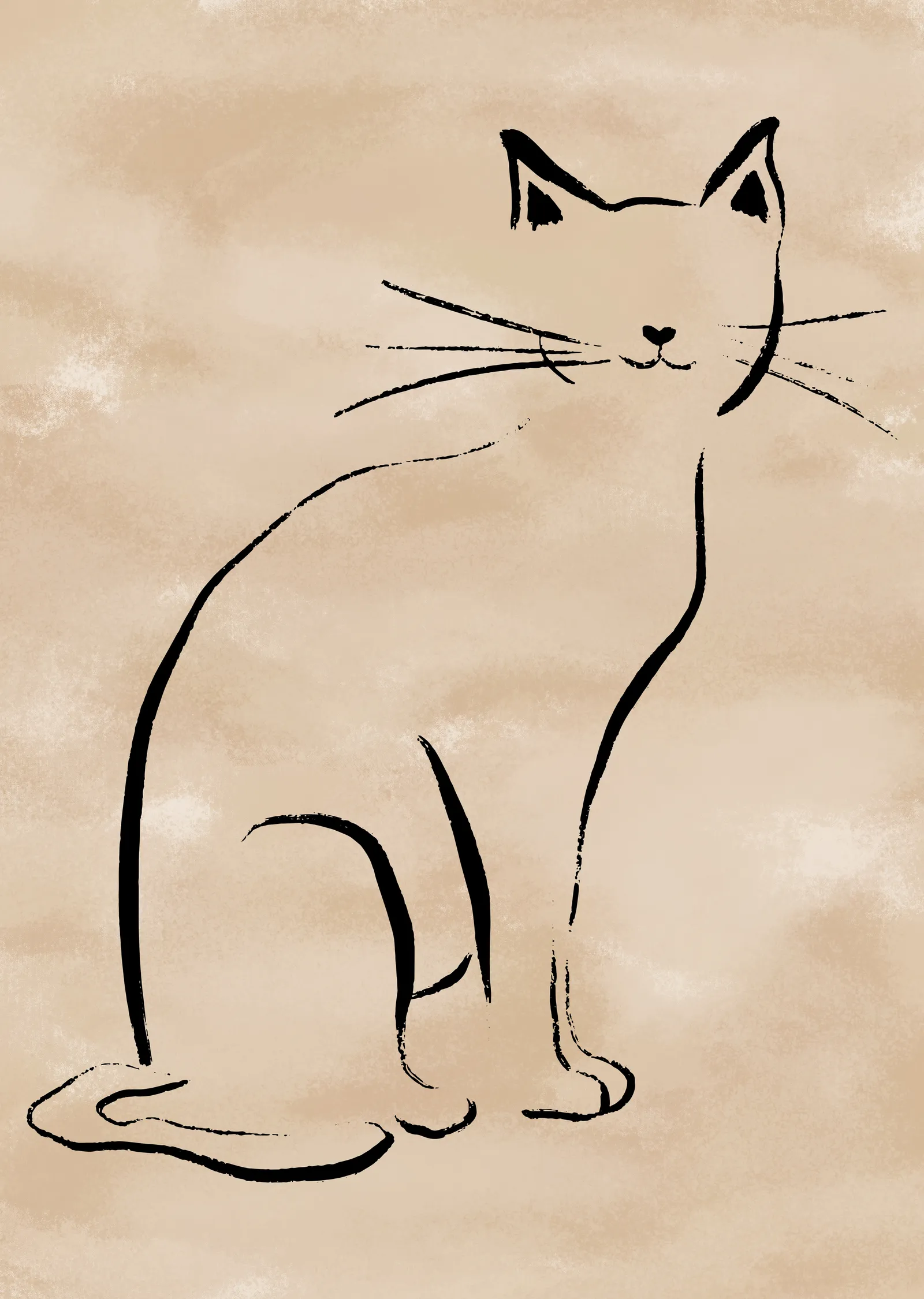 Krem Zeminli Minimalist Kedi Çizimi metal tablo