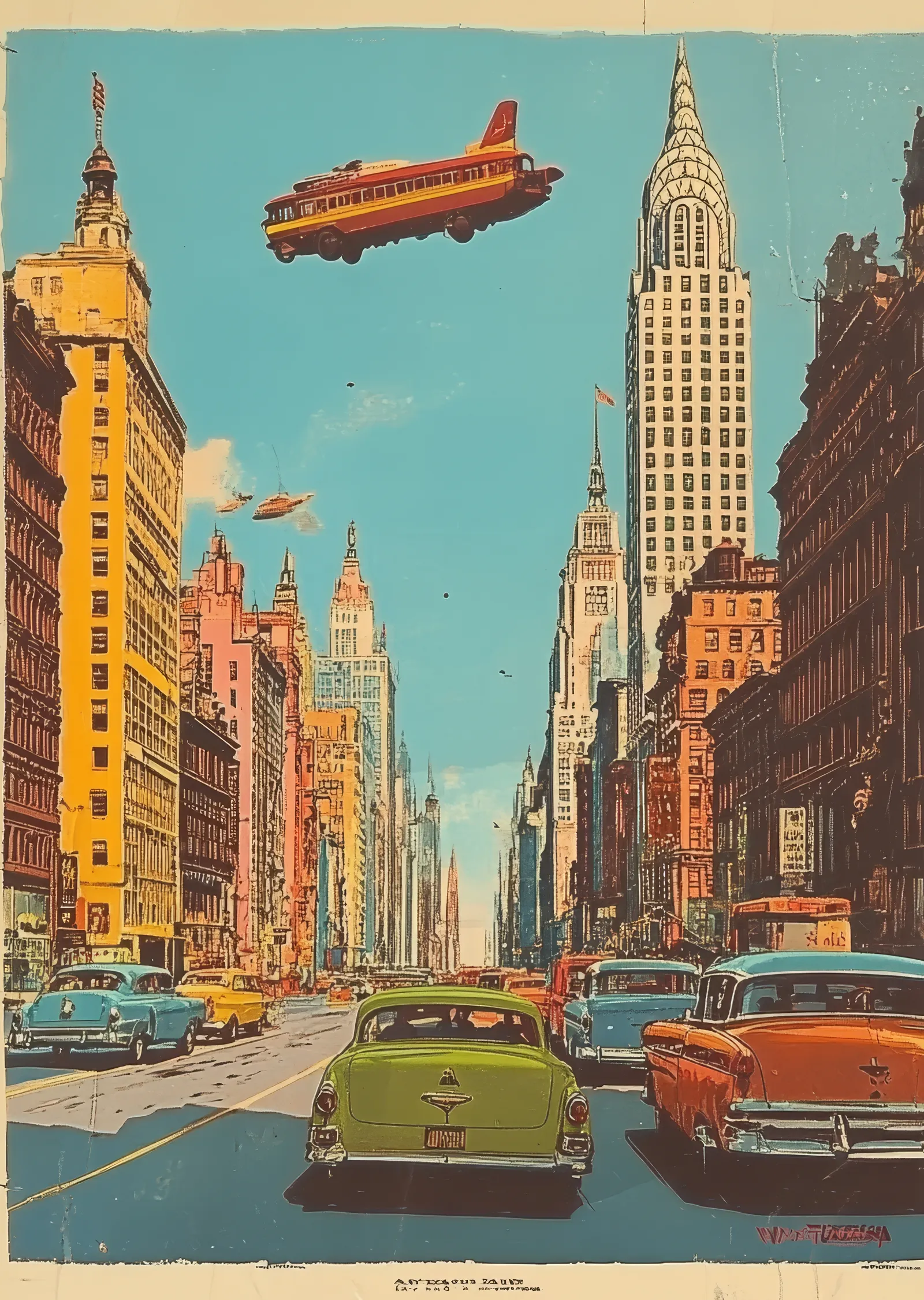 Retro Fütüristik New York: Uçan Otobüs ve Klasik Arabalar metal tablo