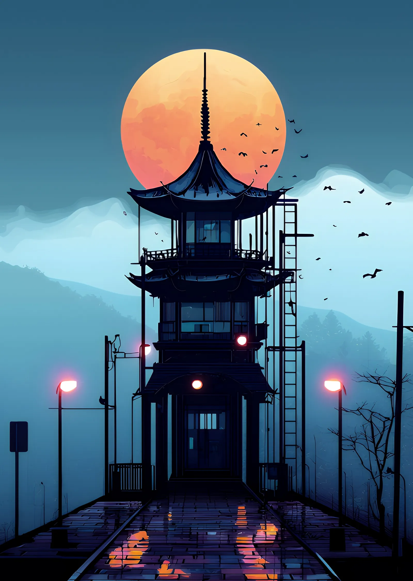 Gizemli Pagoda: Gece Manzarası metal tablo
