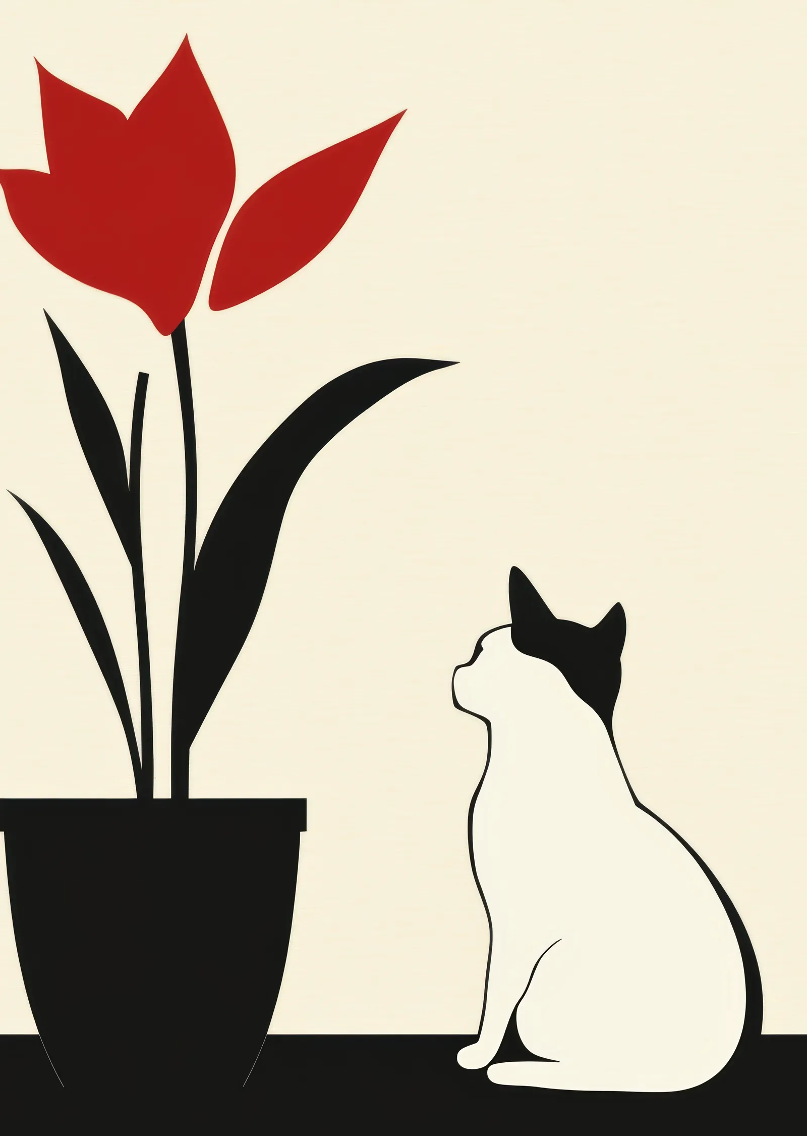 Minimalist Kedi ve Çiçek İllüstrasyonu metal tablo