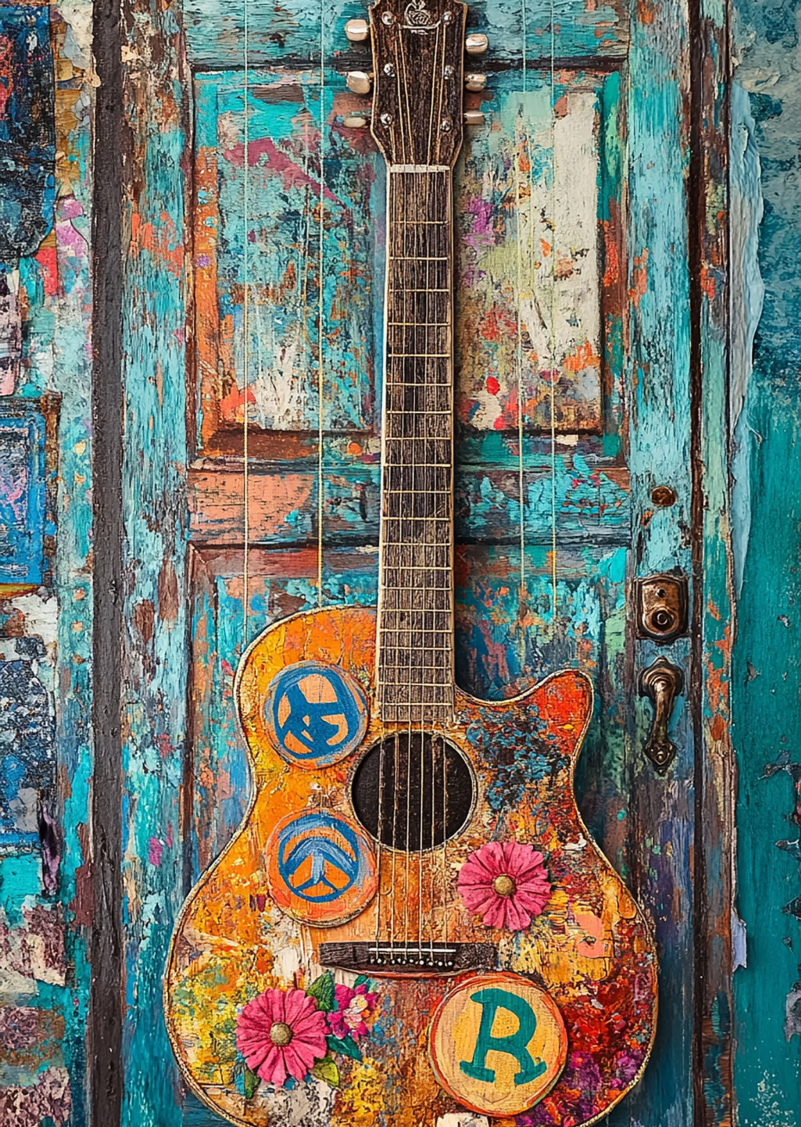 Hippie Gitar: Renkli Sanat Eseri metal tablo