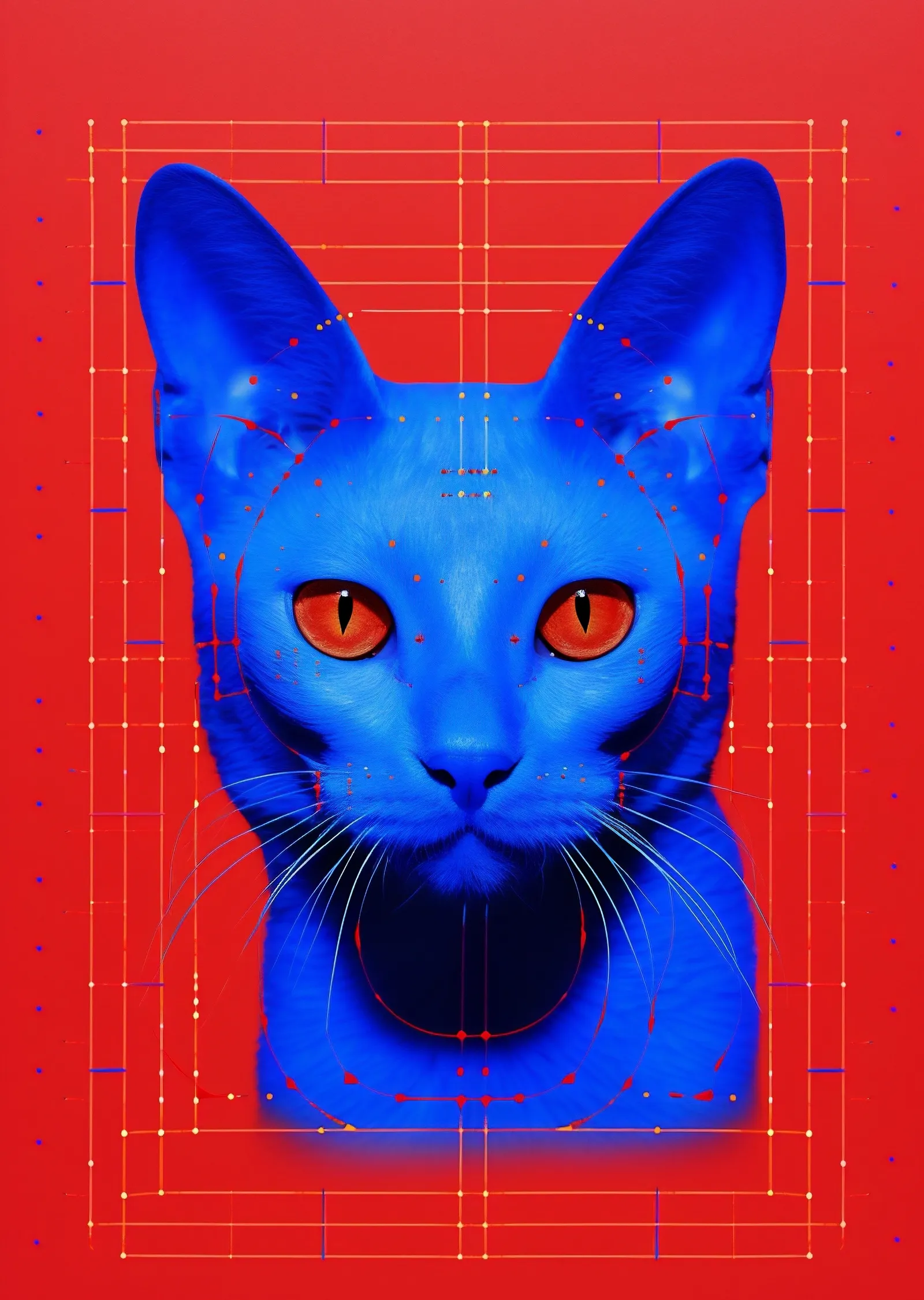 Kırmızı Zeminli Mavi Kedi Portresi metal tablo