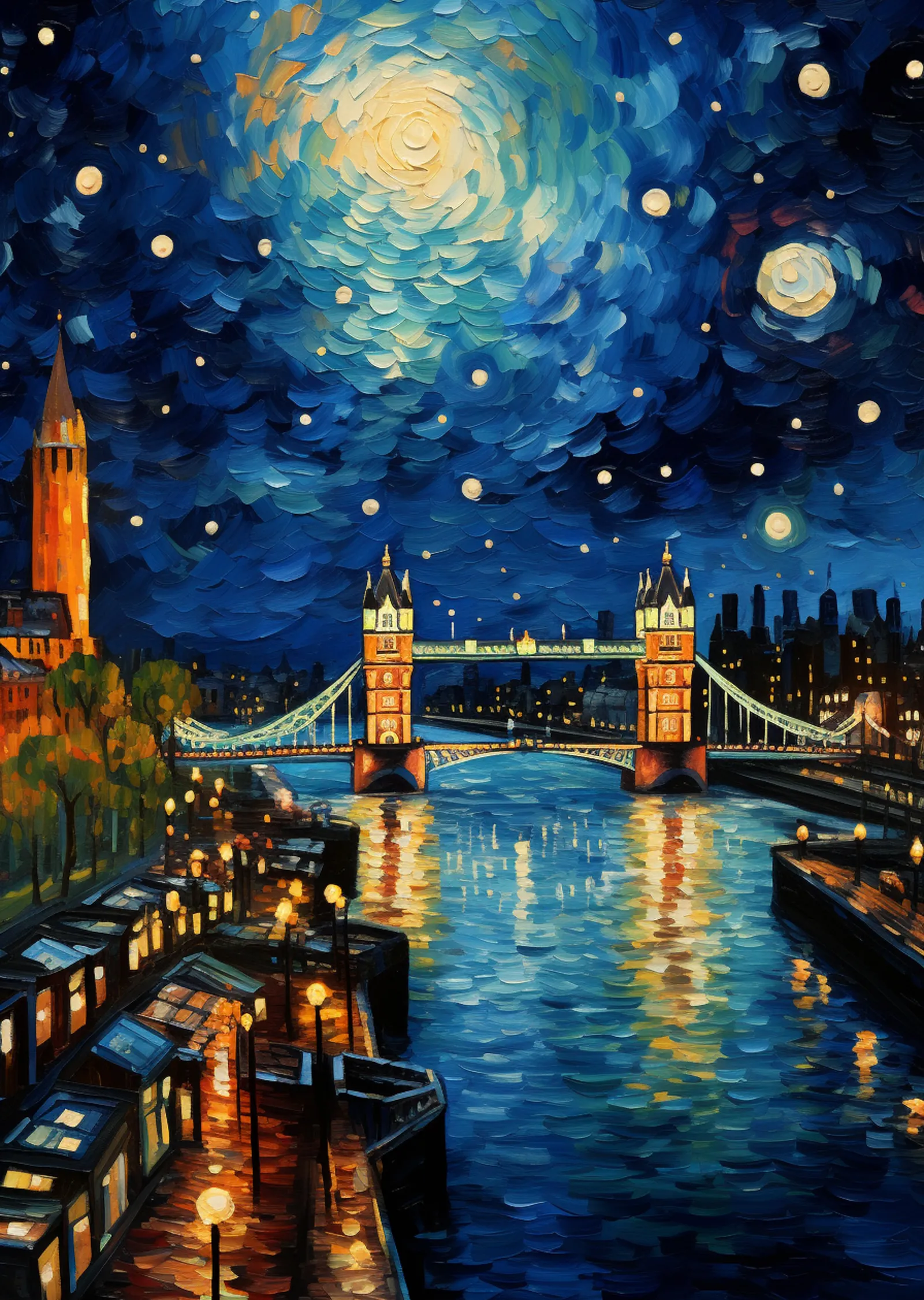 Tower Bridge - Yıldızlı Gece, Lacivert Mavi Yıldızlı Gökyüzü metal tablo