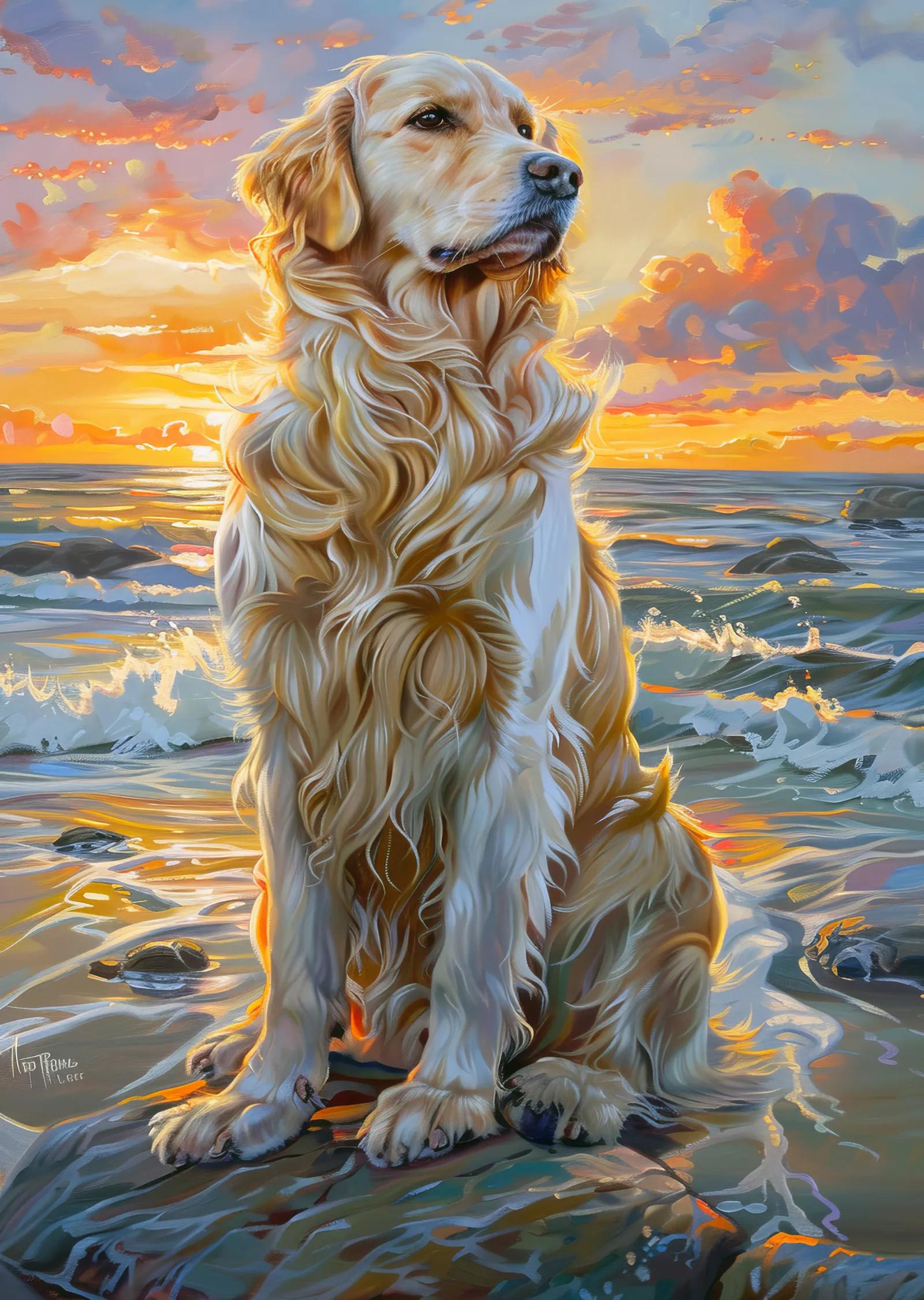 Golden Retriever: Gün Batımında metal tablo