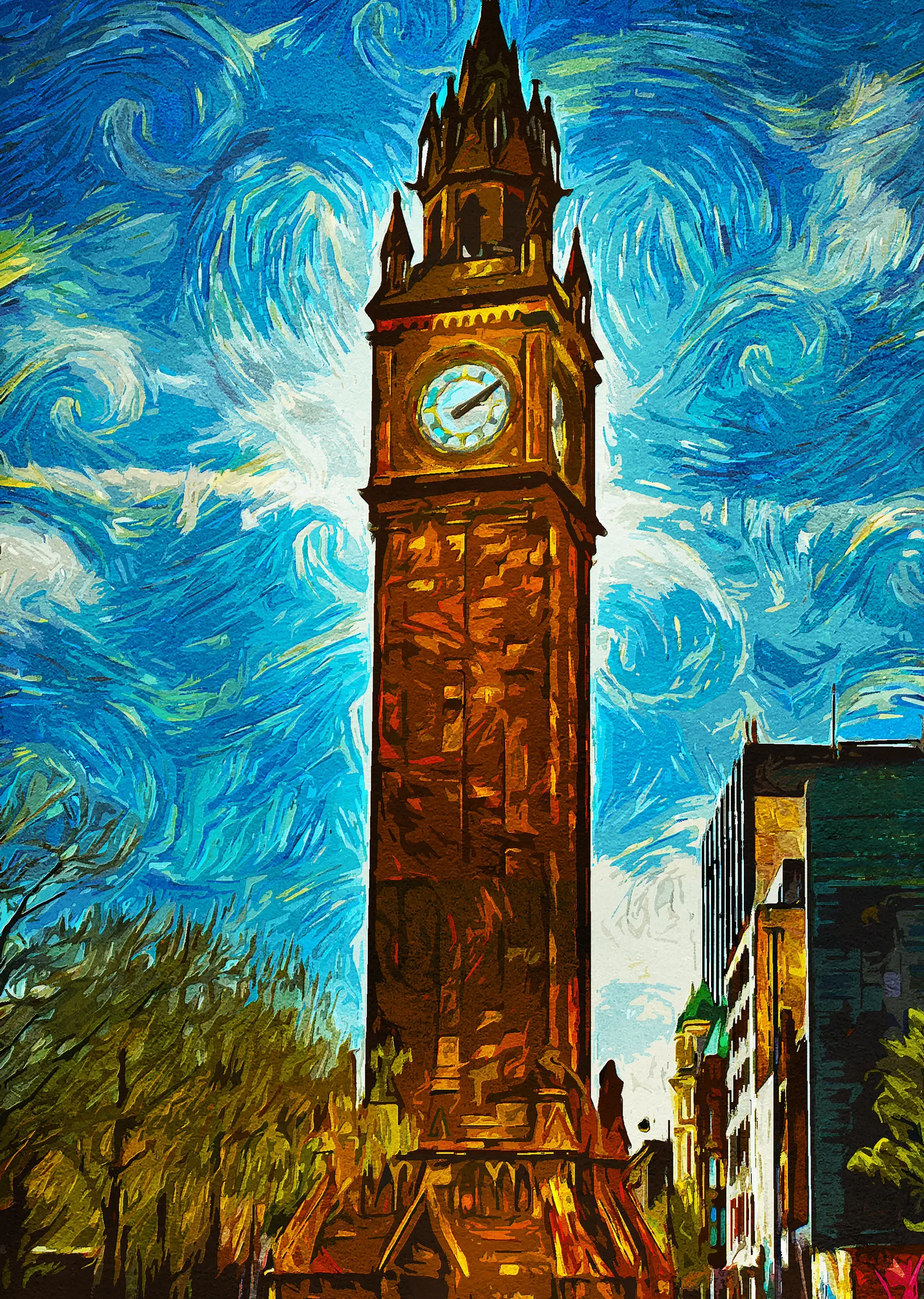 Van Gogh Tarzı Saat Kulesi metal tablo