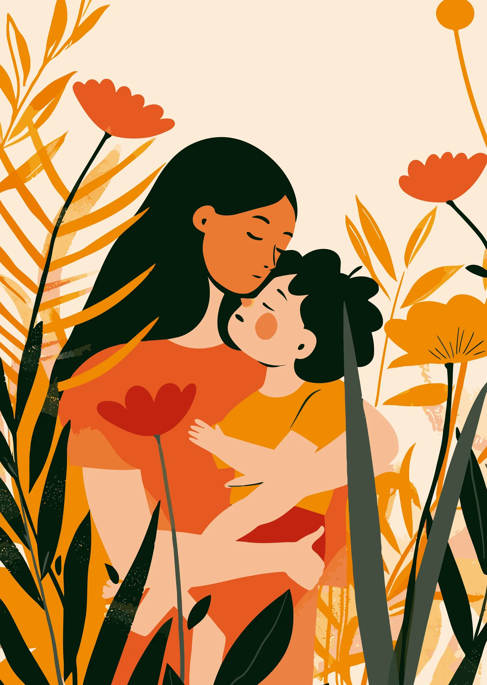 Turuncu ve Kırmızılı Çiçekler Arasında Sarılan Anne Çocuk metal tablo