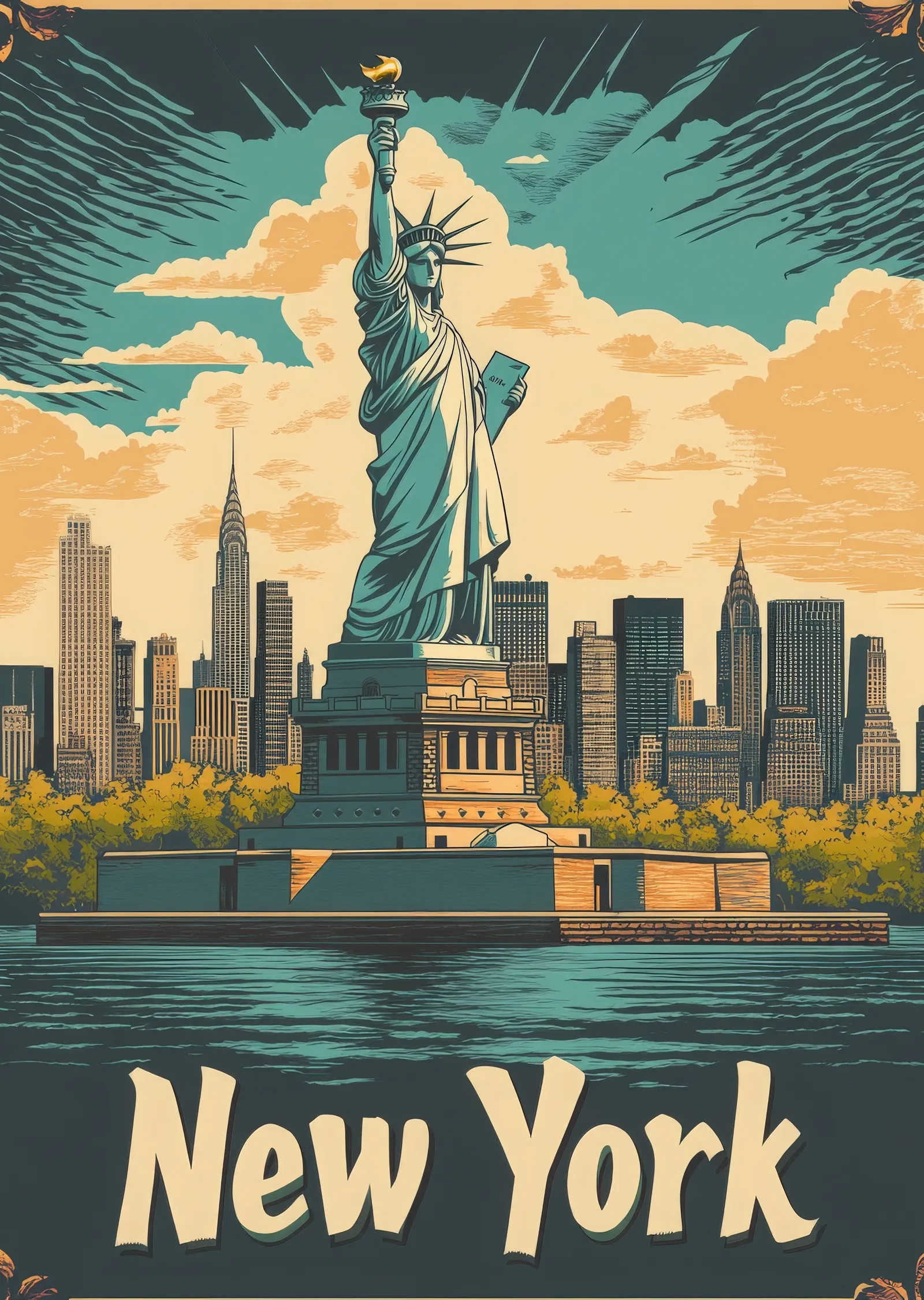 New York: Özgürlük Heykeli ve Manhattan metal tablo