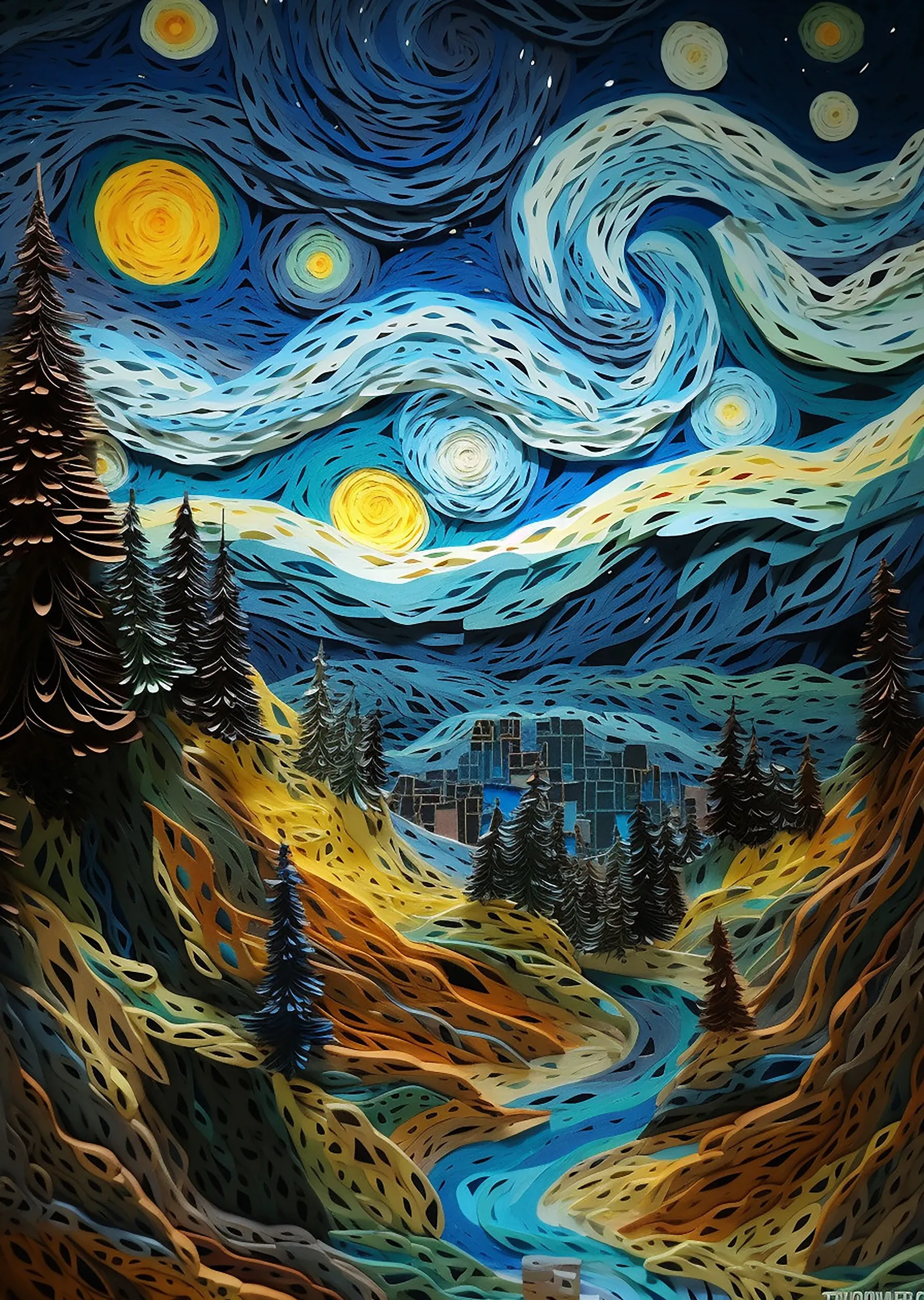 Vincent van Gogh - Yıldızlı Gece: Turuncu ve Mavi Dalgalar metal tablo