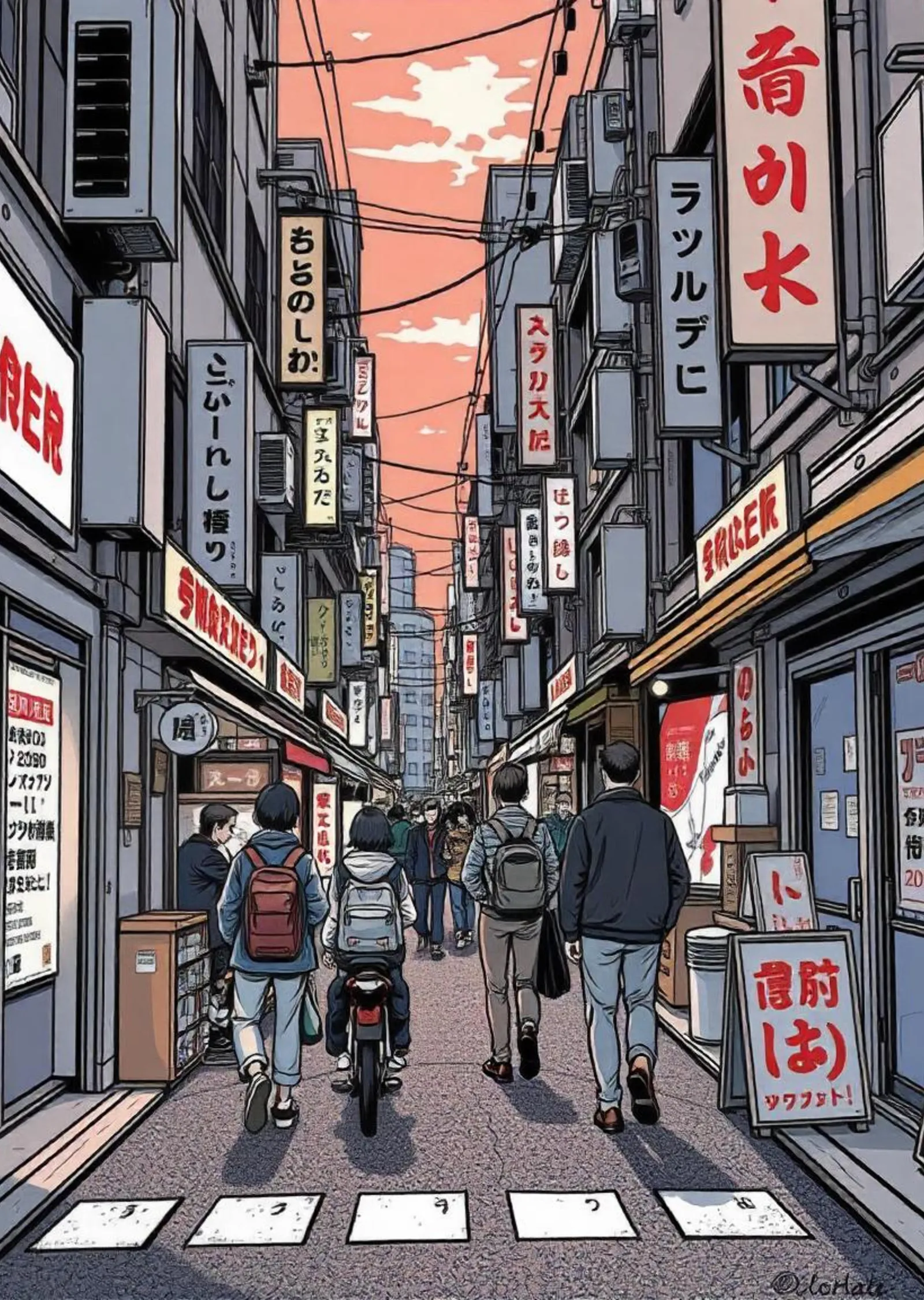 Tokyo Sokakları - Turuncu Gökyüzü ve Japon Tabelaları metal tablo