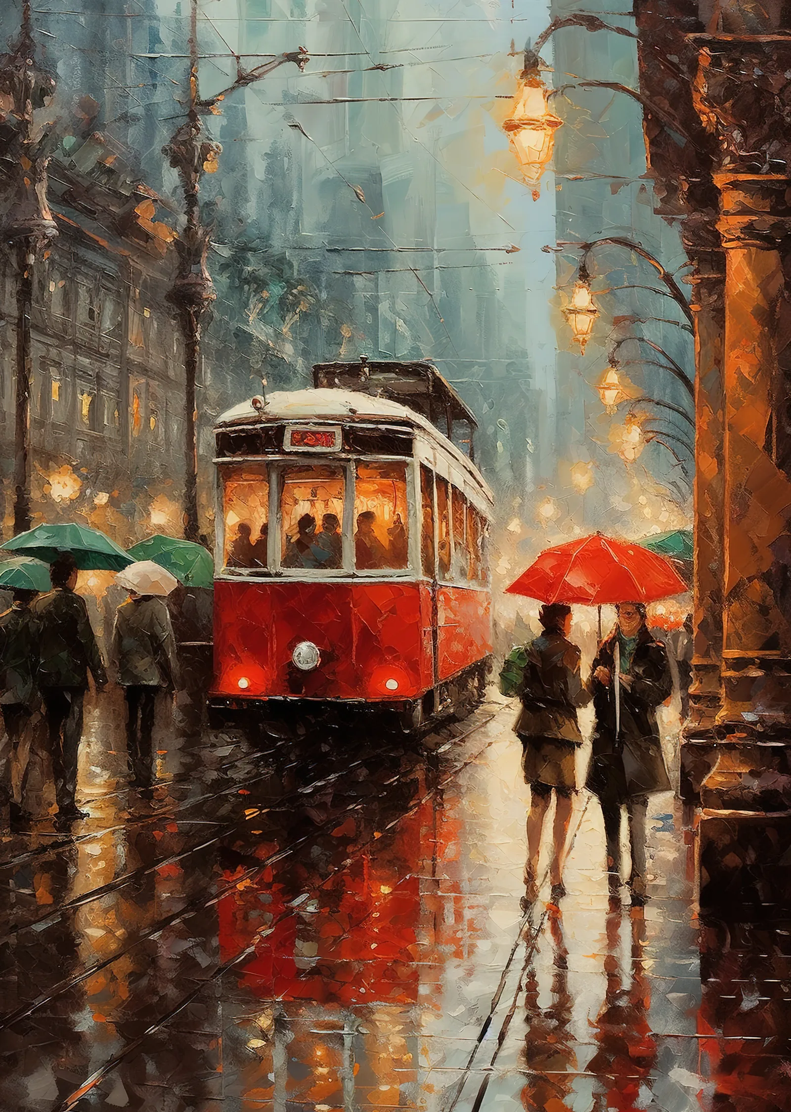 Yağmurlu Sokakta Kırmızı Tramvay - Kırmızı Tramvay ve Islak metal tablo