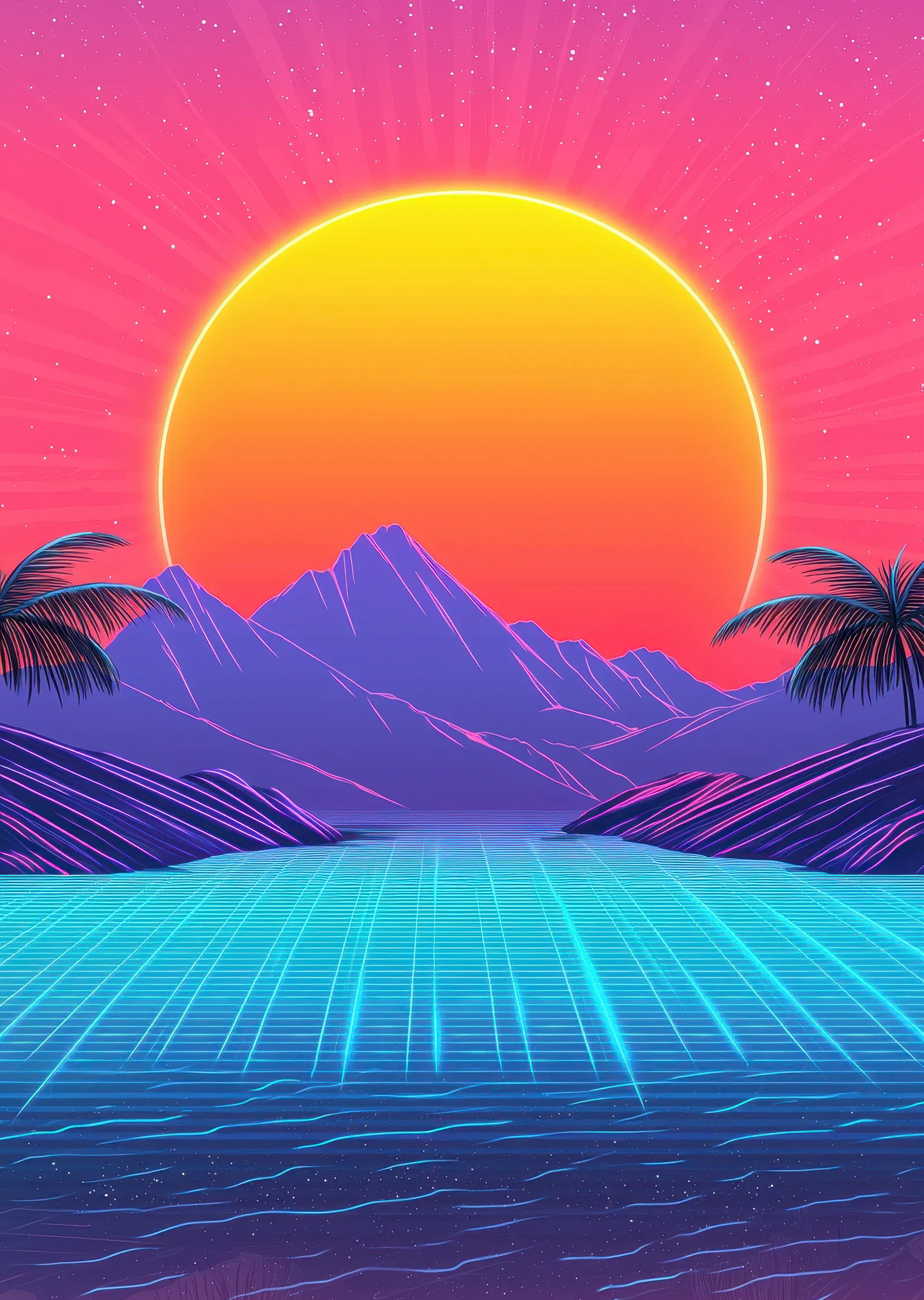 Retro Manzara: Neon Gün Batımı metal tablo