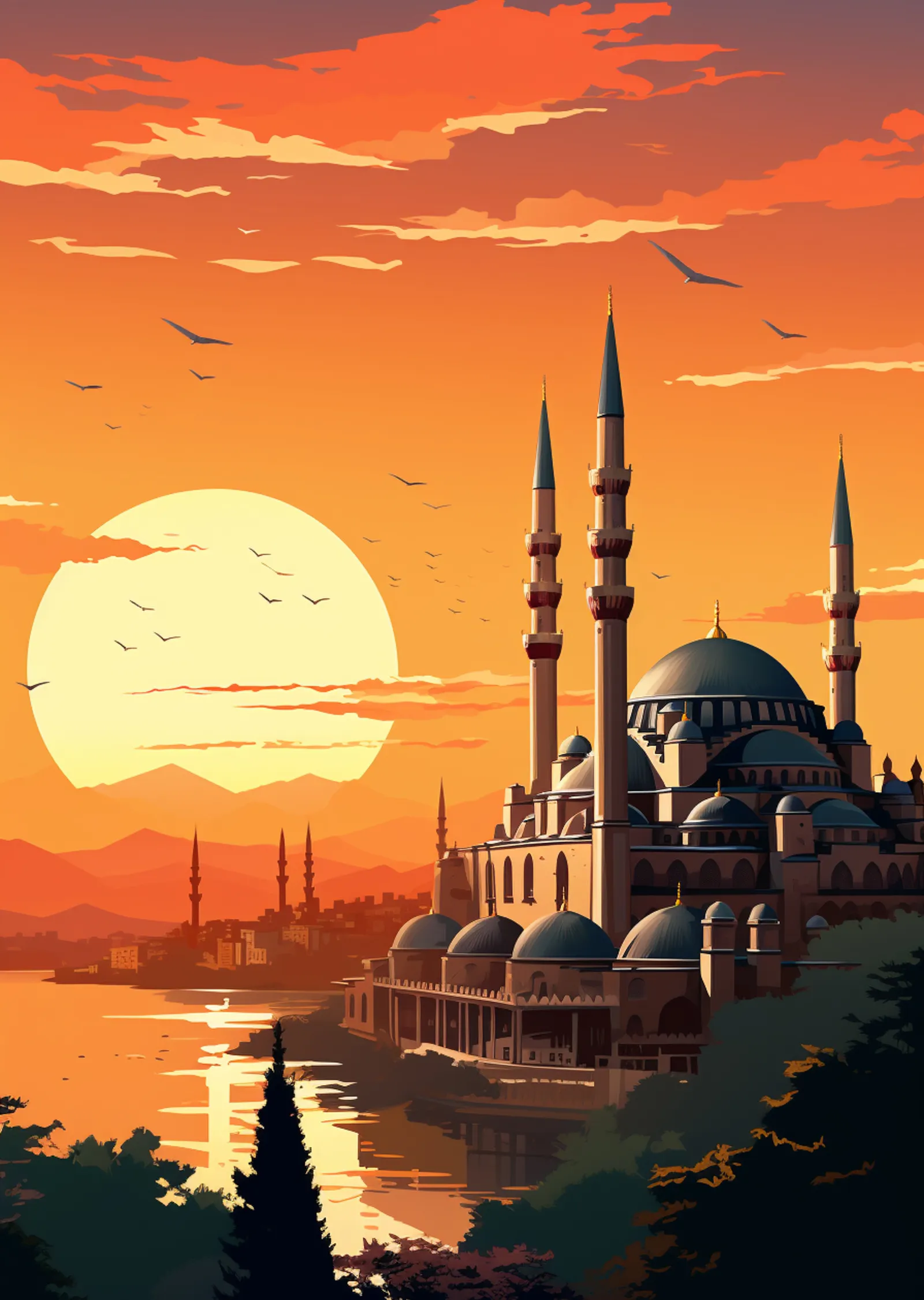 Turuncu Gökyüzünde İstanbul Camii metal tablo
