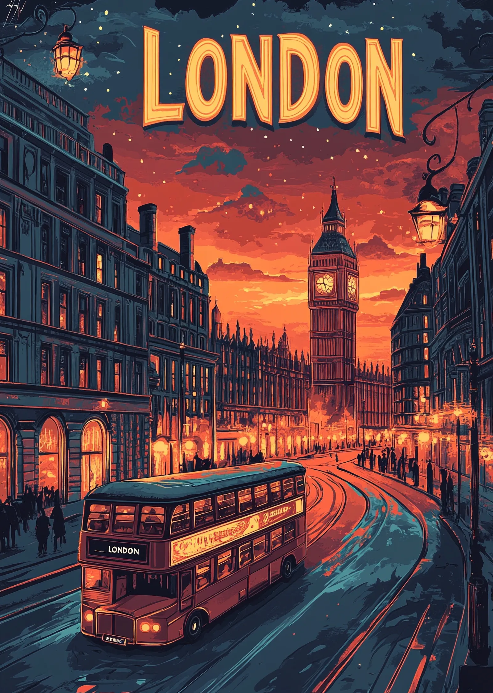 Turuncu Gökyüzü ve Lacivert Işıklarla Londra Silüeti metal tablo