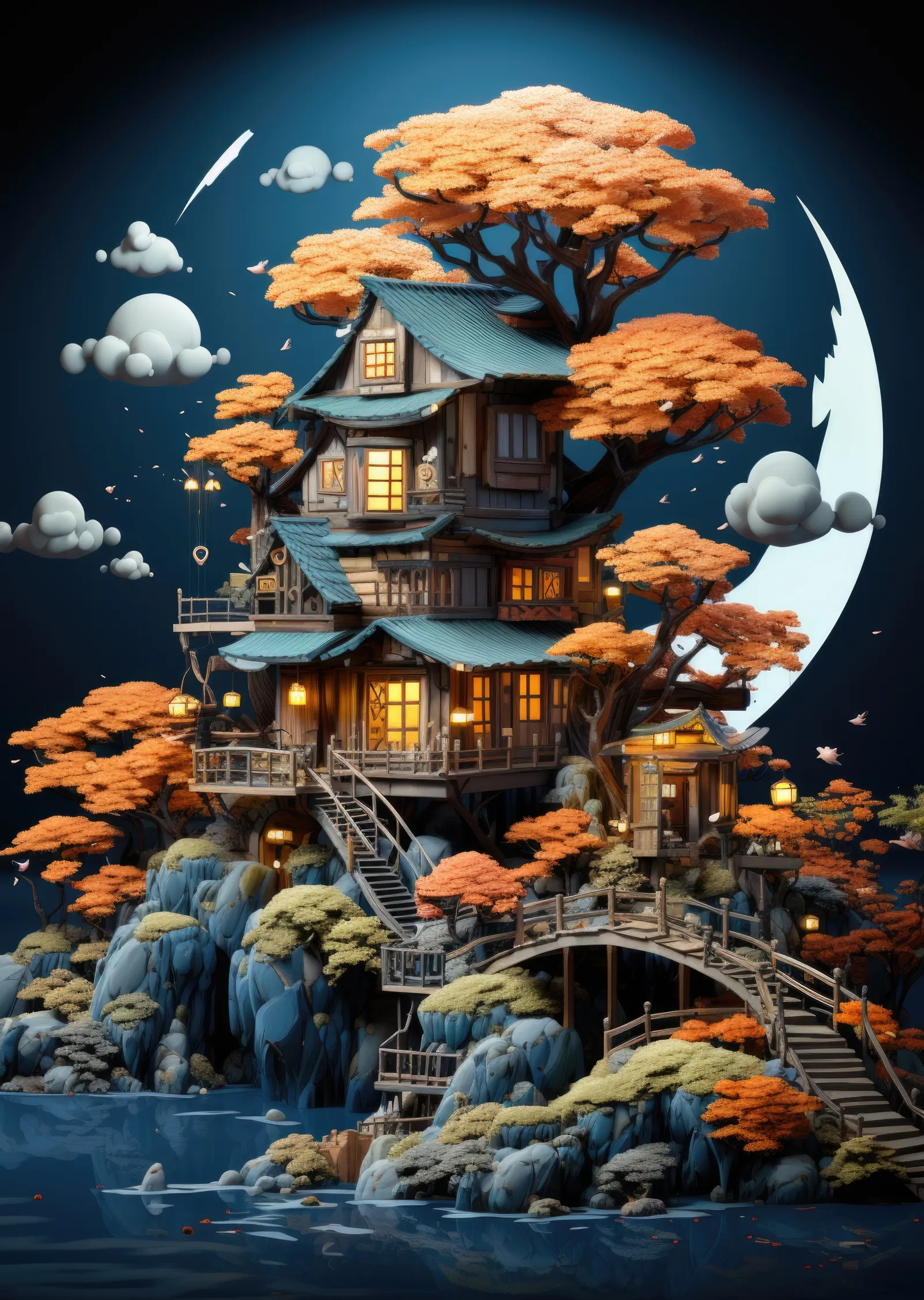Pagoda Ağaç Evi metal tablo