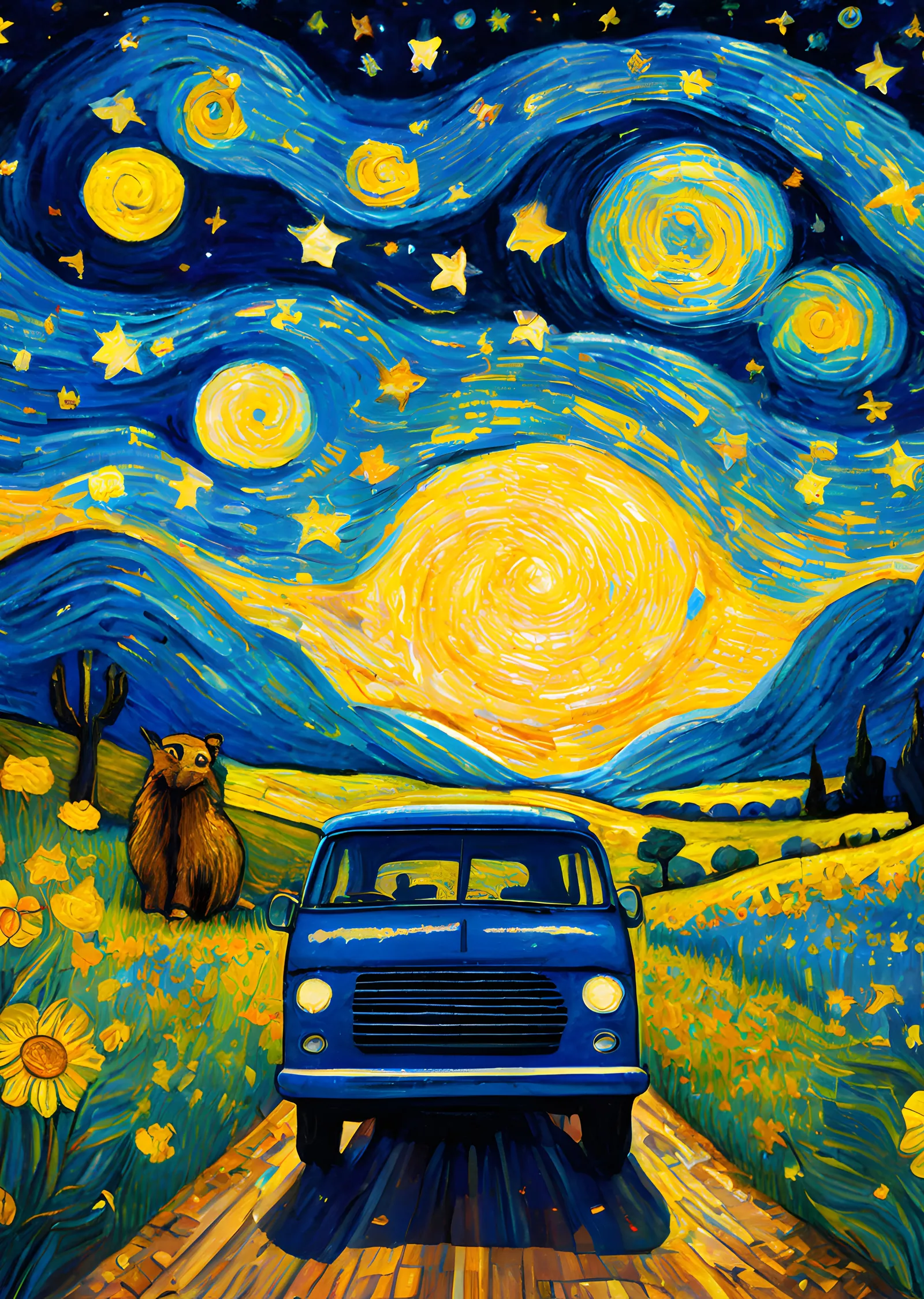 Vincent van Gogh - Yıldızlı Gece, Mavi Araba ve Ayı metal tablo