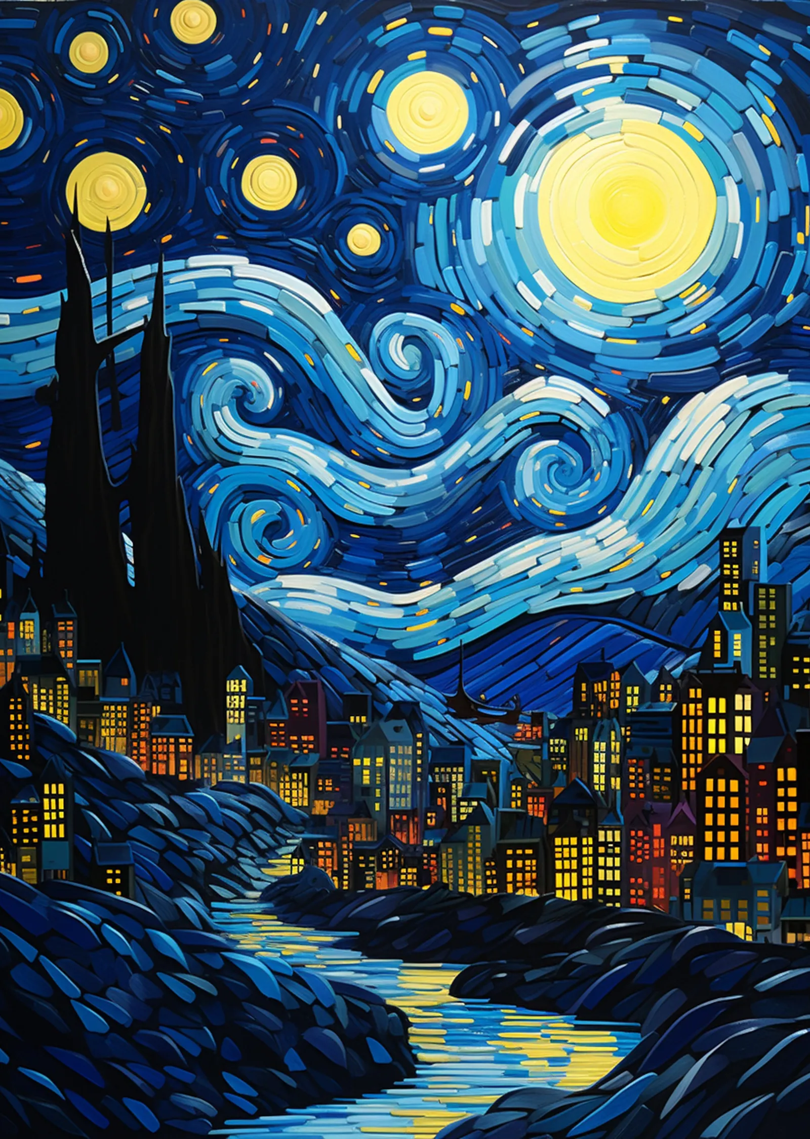 Vincent van Gogh: Yıldızlı Gece - Lacivert ve Sarı Tonlu metal tablo