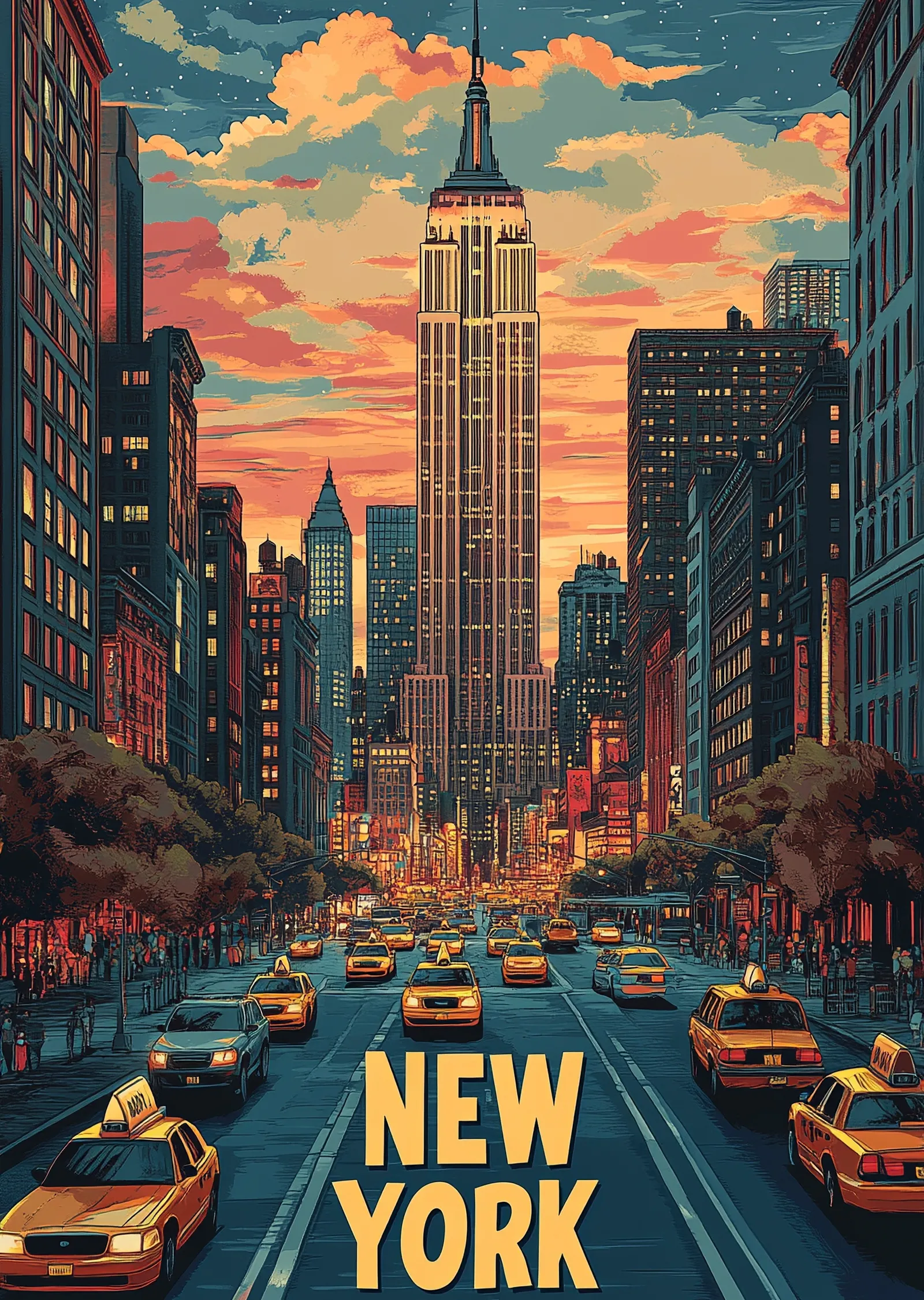 New York - Empire State Binası Turuncu Akşam metal tablo