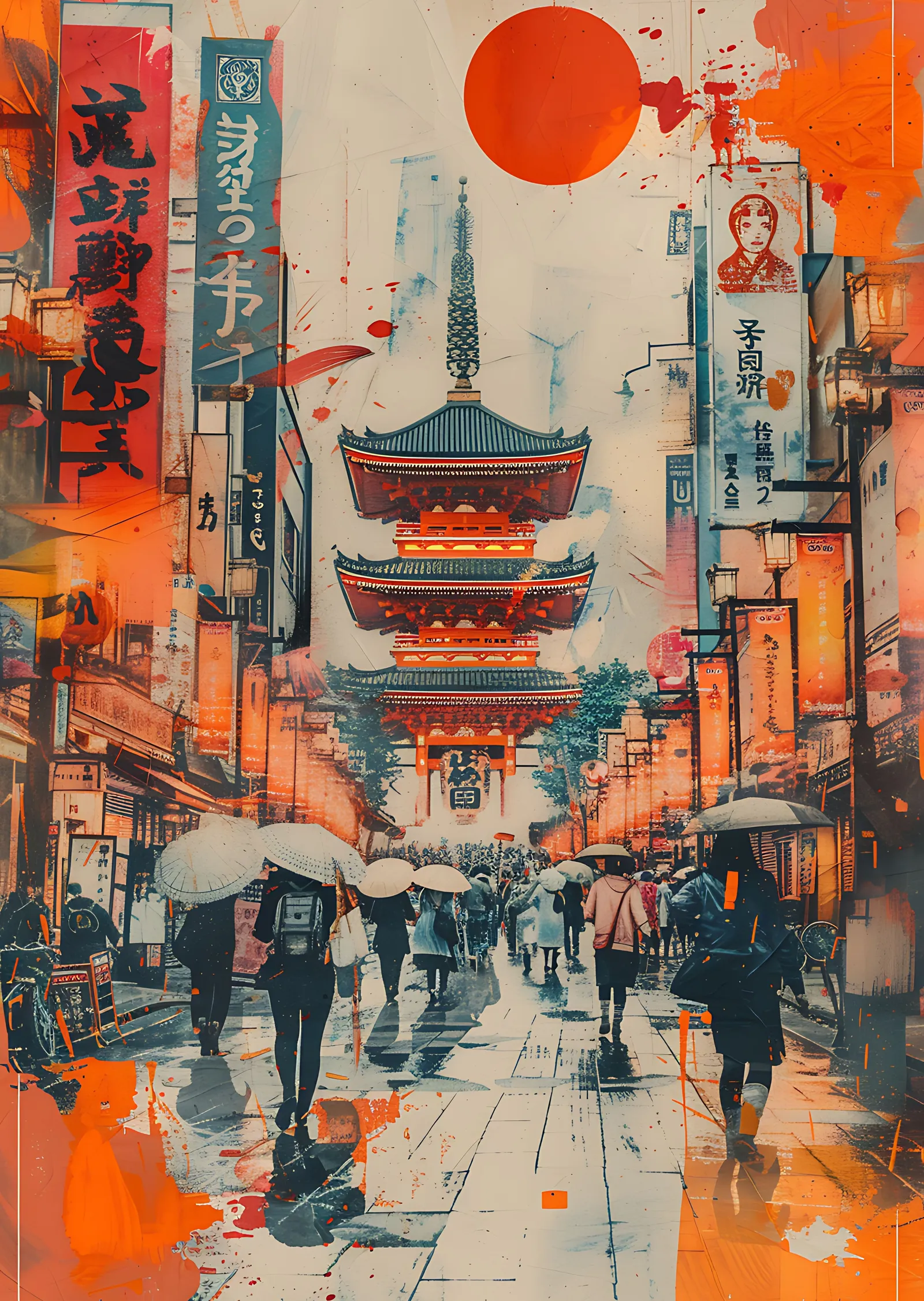 Turuncu Gökyüzü Altında Tokyo Pagodası metal tablo
