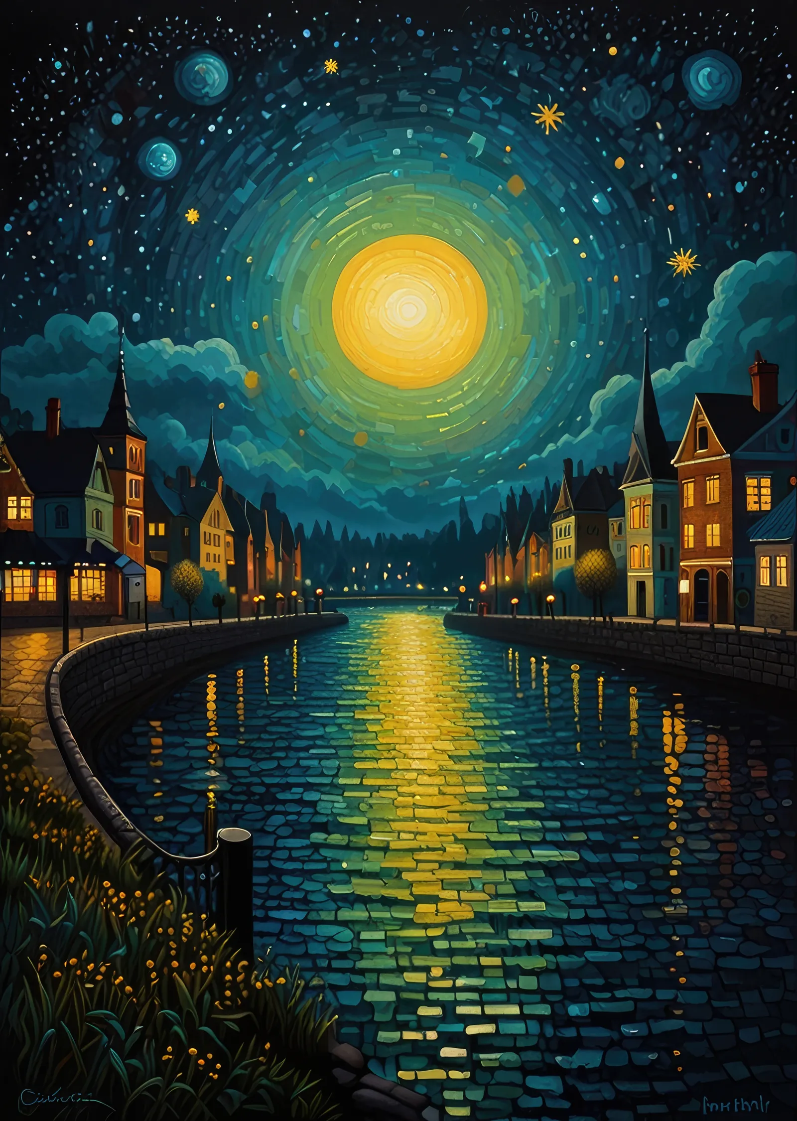 Van Gogh Yıldızlı Gece: Turuncu ve Mavi Tonlu Su Yansıması metal tablo