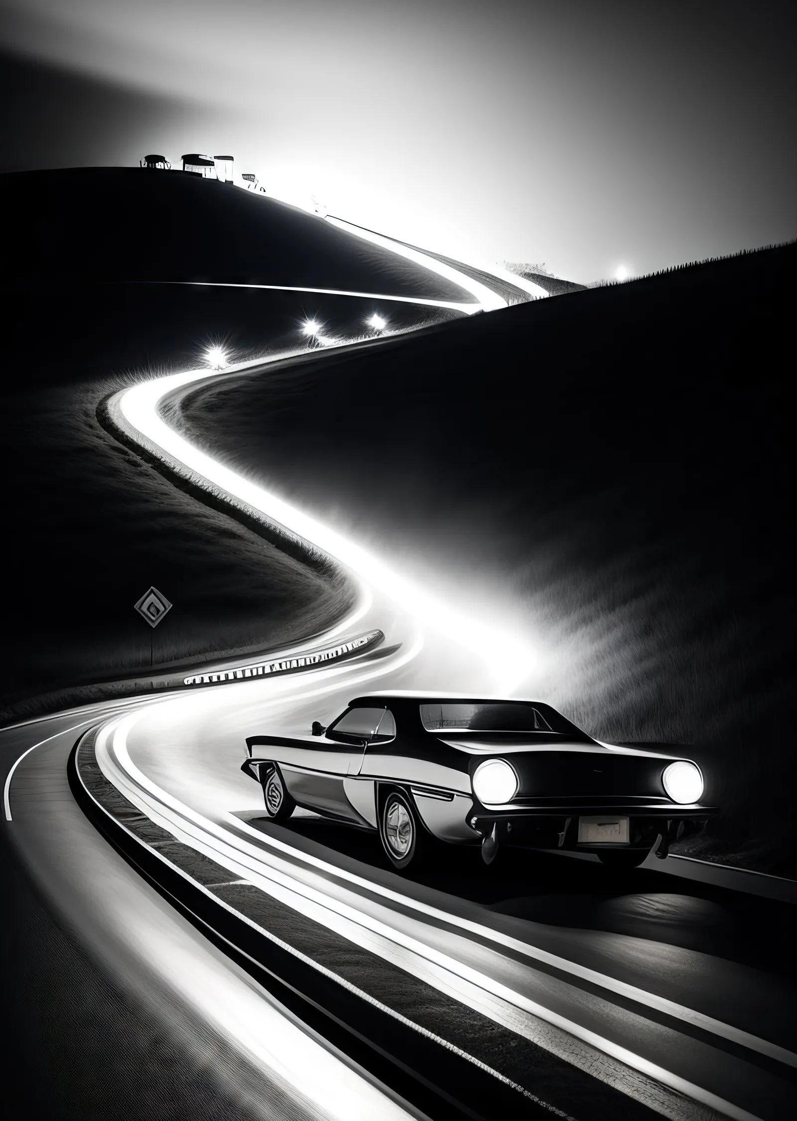 Siyah Klasik Amerikan Spor Araba Gece Yol metal tablo